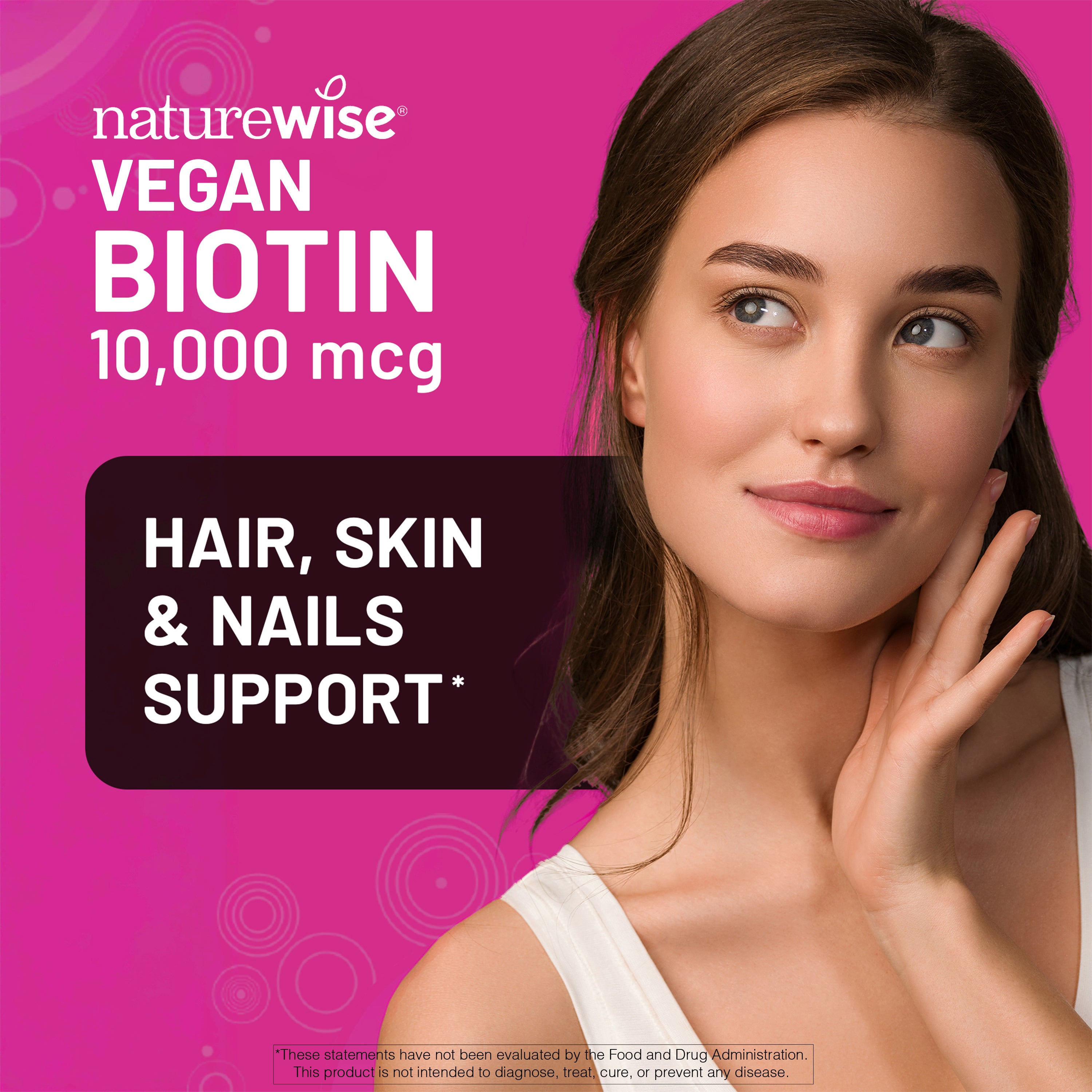 Advertisement for naturewise Vegan Biotin 10,000 mcg supplement with a woman on a pink background