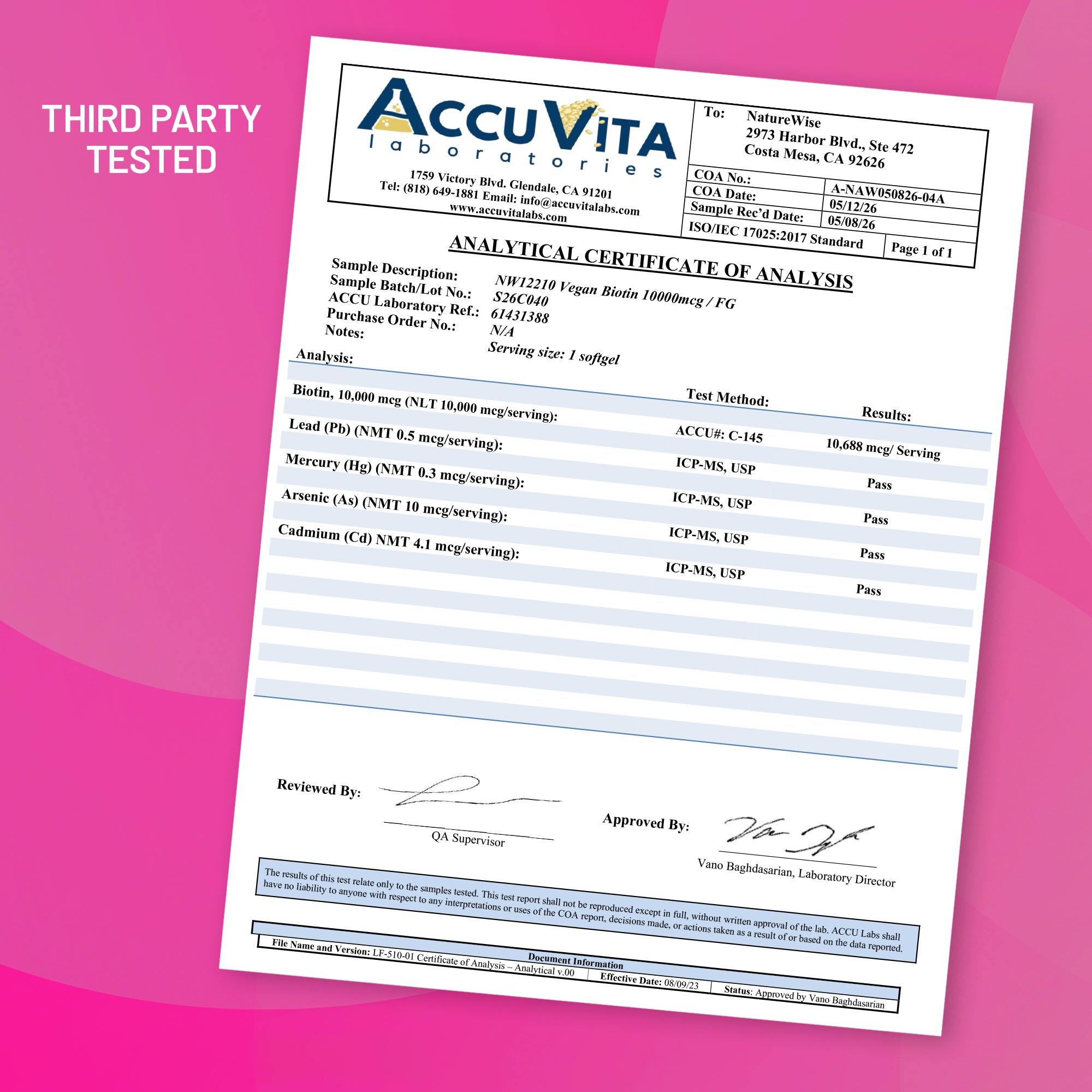 NatureWise Vegan Biotin 10,000 mcg Analytical Certificate of Analysis from AccuVita Laboratories on a pink background