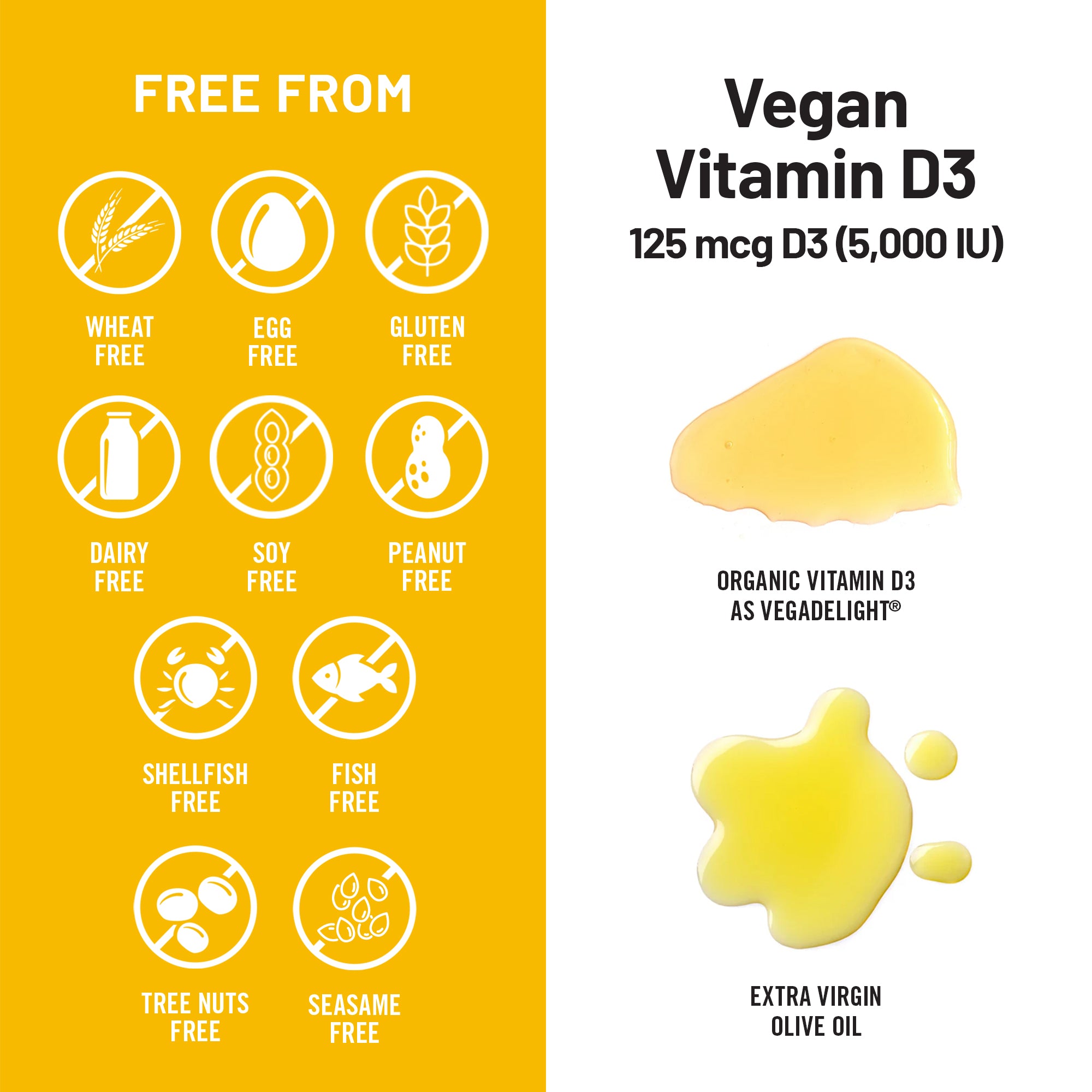 Vegan Vitamin D3 supplement label with free-from icons and product details on a yellow and white background.