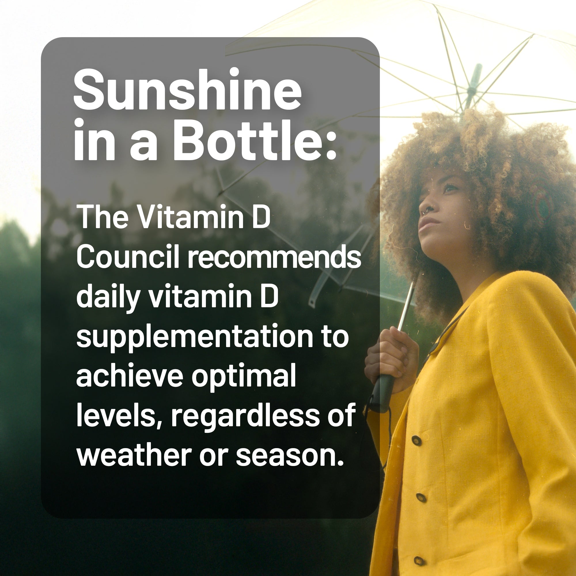 Woman in yellow coat holding an umbrella with text about vitamin D supplementation.