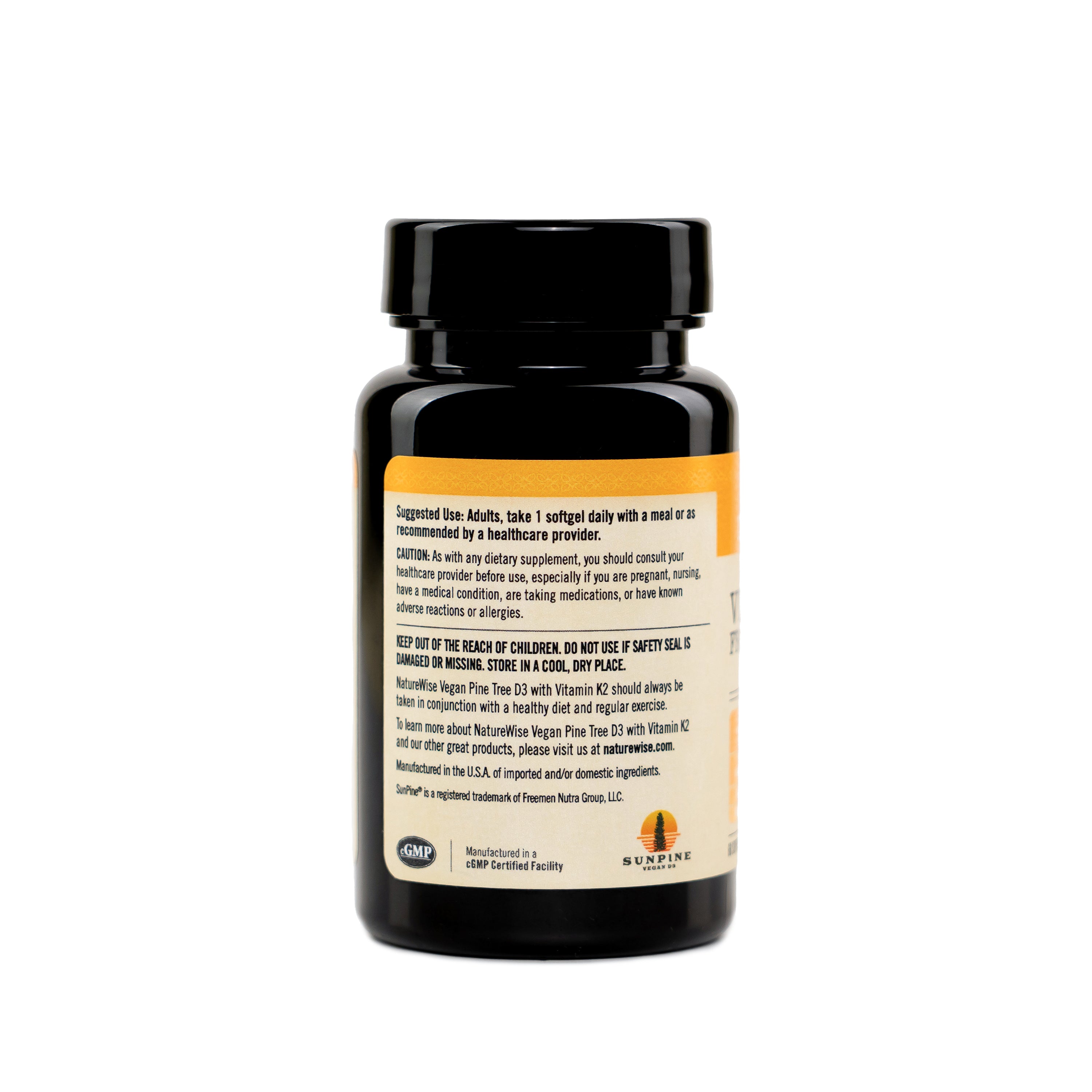 A bottle of Naturewise Vegan Vitamin D3 From Pine Tree with Vitamin K2 dietary supplement featuring a yellow-orange background with black text and a small orange Sunfire logo at the bottom right.