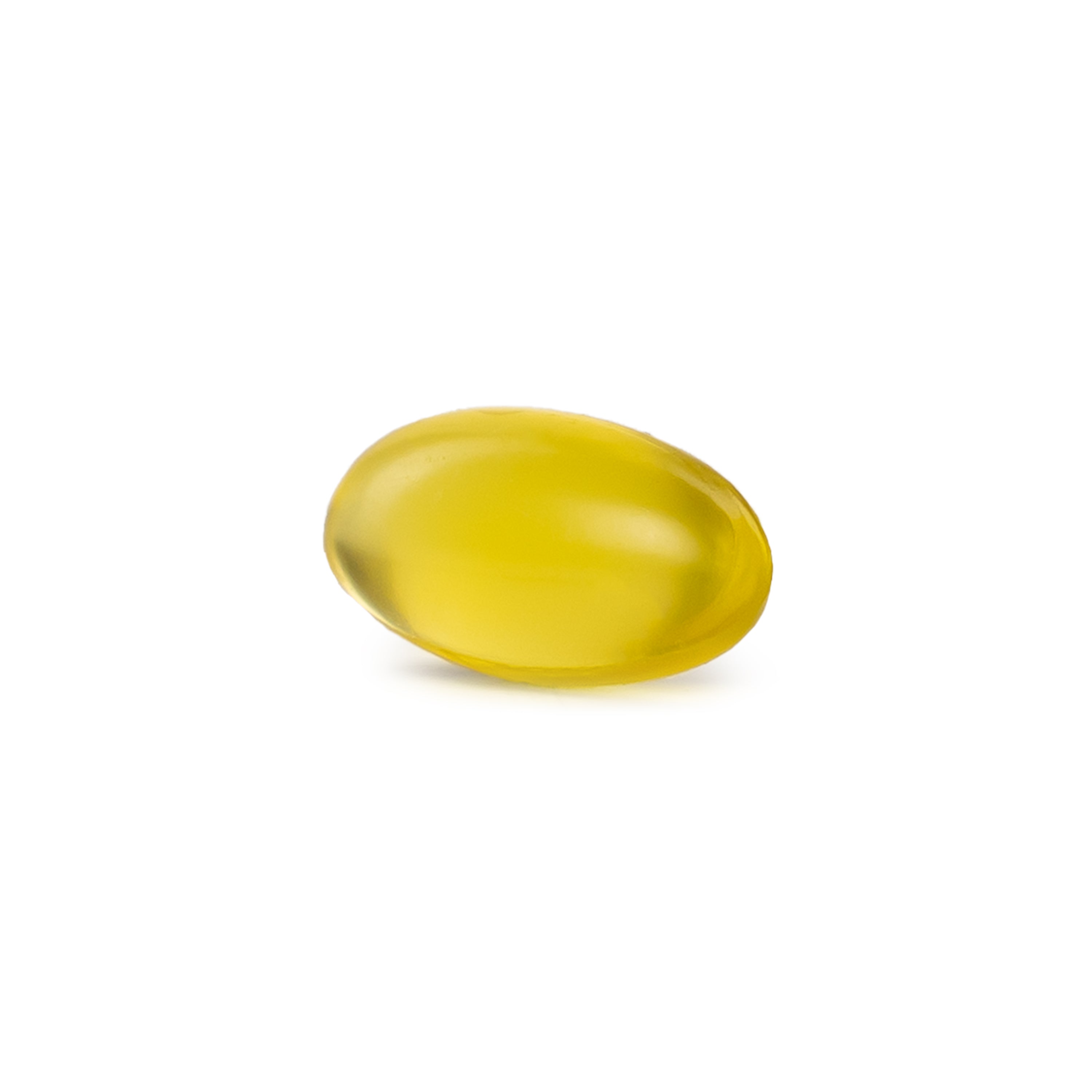 A single Naturewise Vegan Vitamin D3 From Pine Tree yellow softgel capsule placed in front, on a clean white background. translucent yellow gel softgel pill shown on a plain white background.