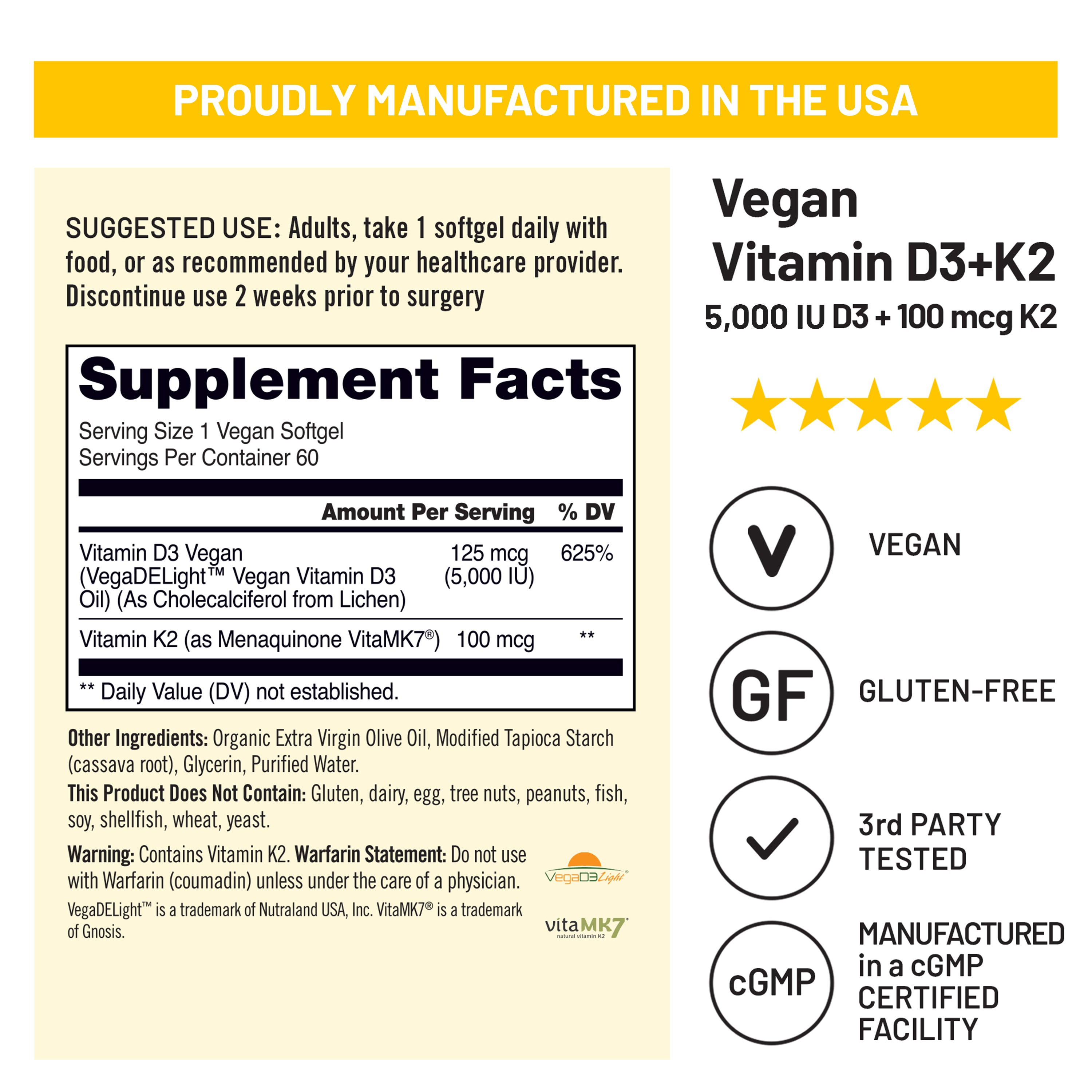 Vegan Vitamin D3+K2 supplement label with certification icons and manufacturing details.