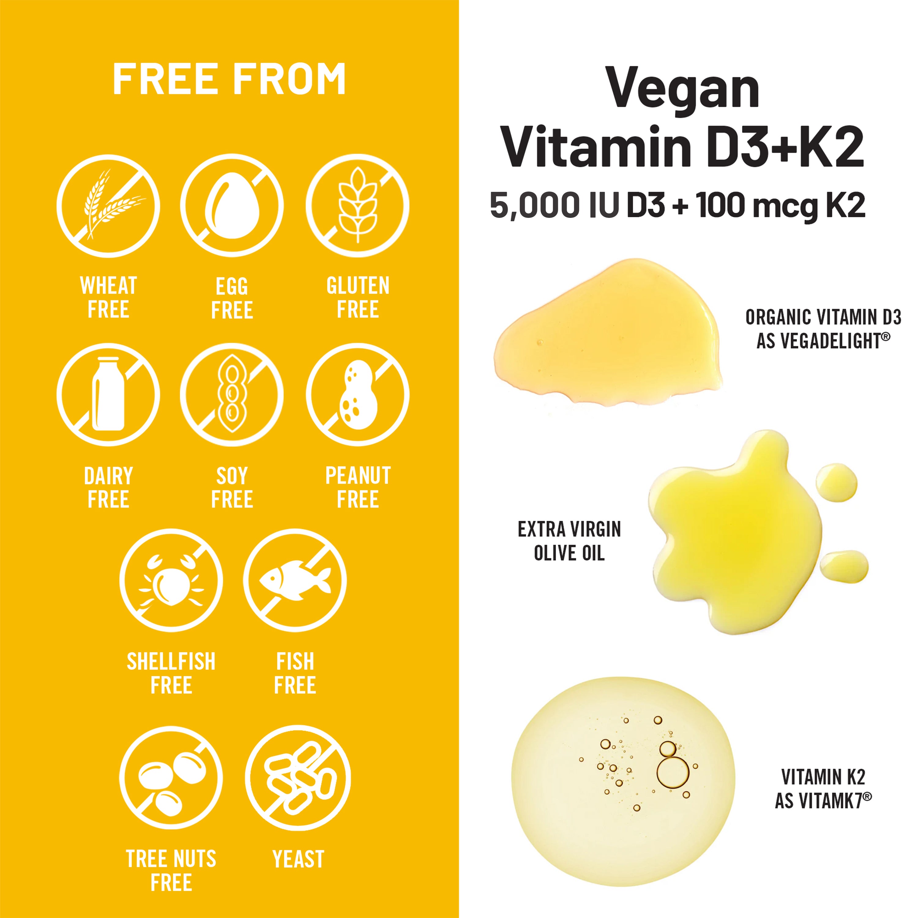 Vegan Vitamin D3+K2 product with free-from icons and ingredient details on a yellow and white background.