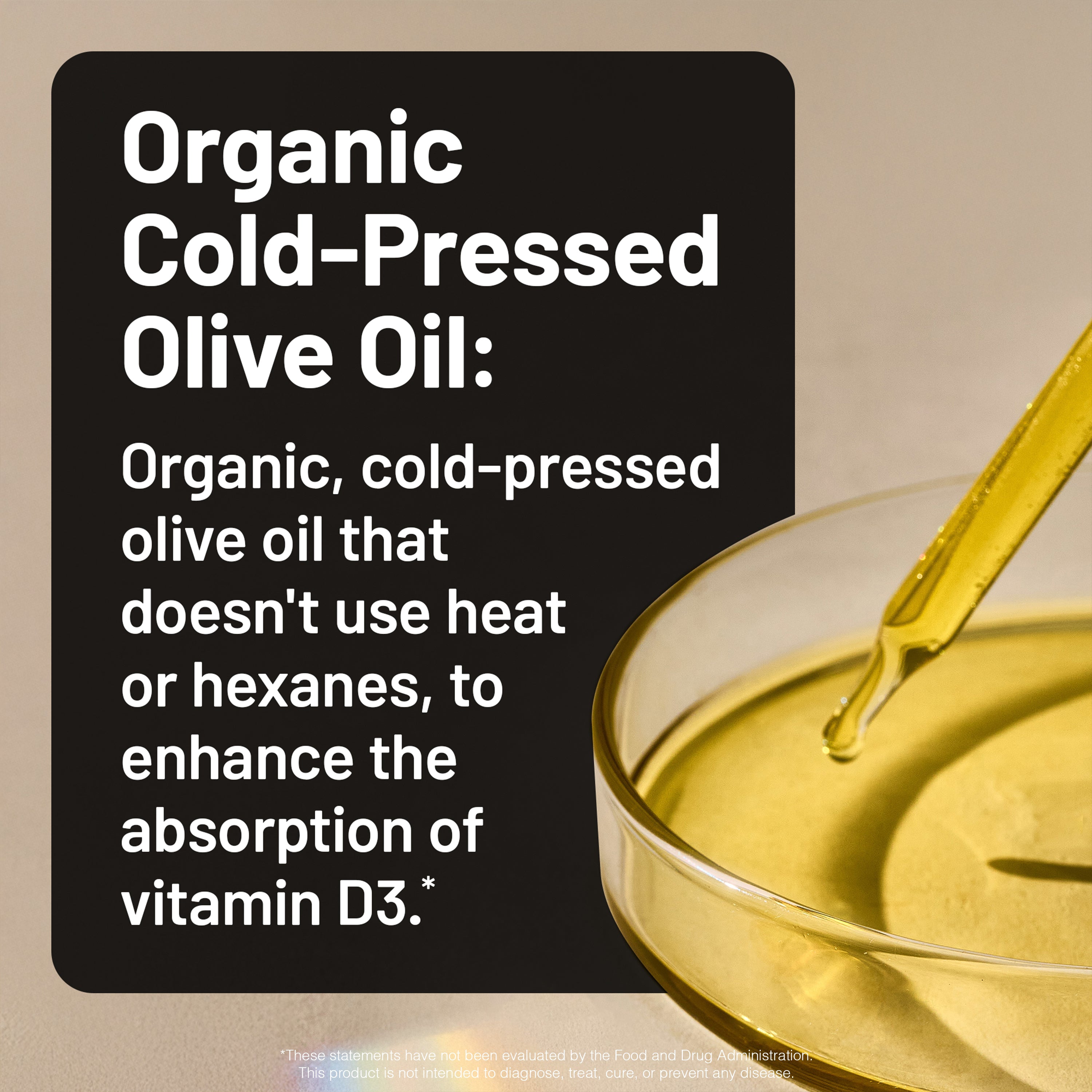 Organic cold-pressed olive oil being dripped into a glass container with descriptive text on a beige background.