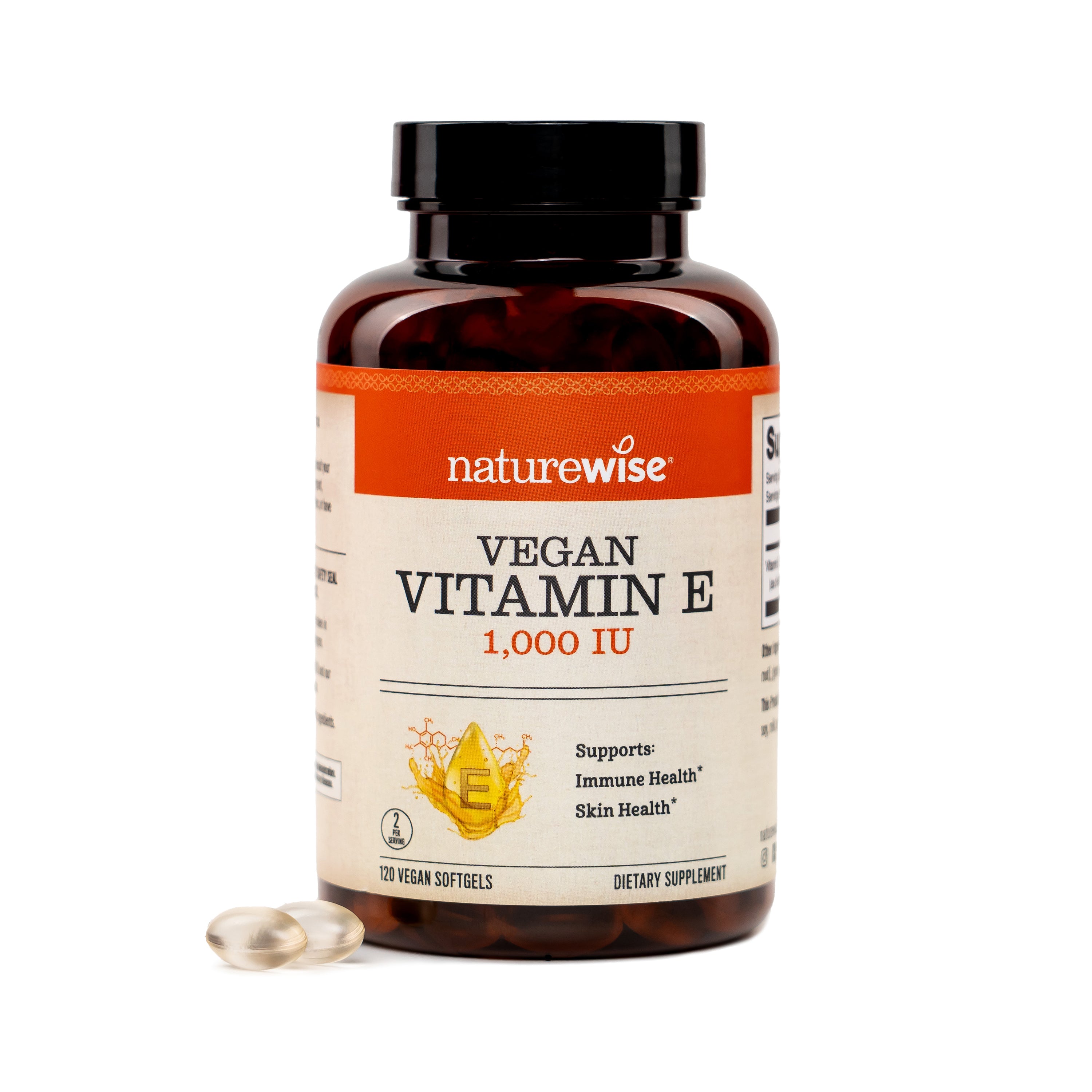 Naturewise Vegan Vitamin E supplement bottle on a white background