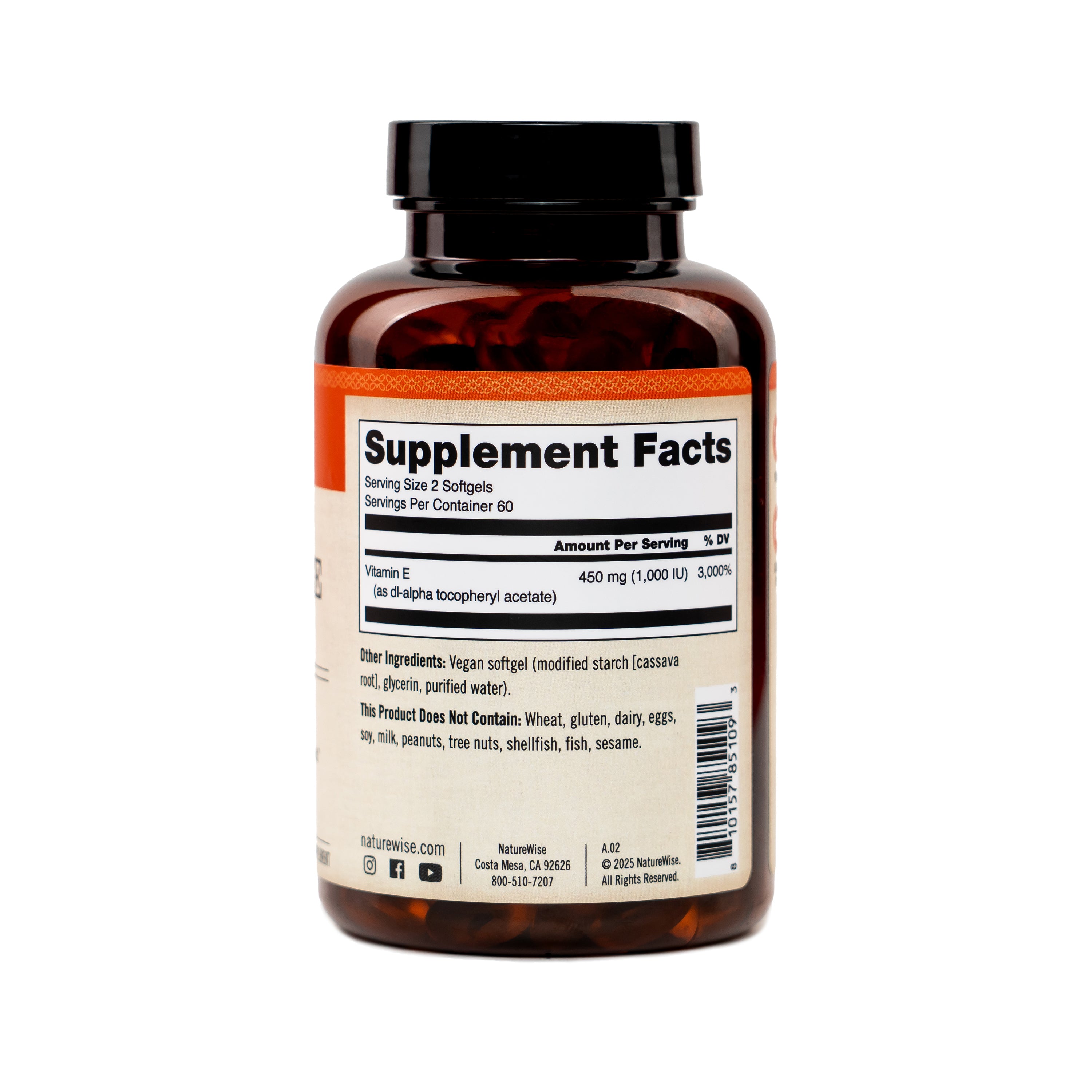 NatureWise Vegan Vitamin E supplement bottle with label showing 'Supplement Facts' on a white background