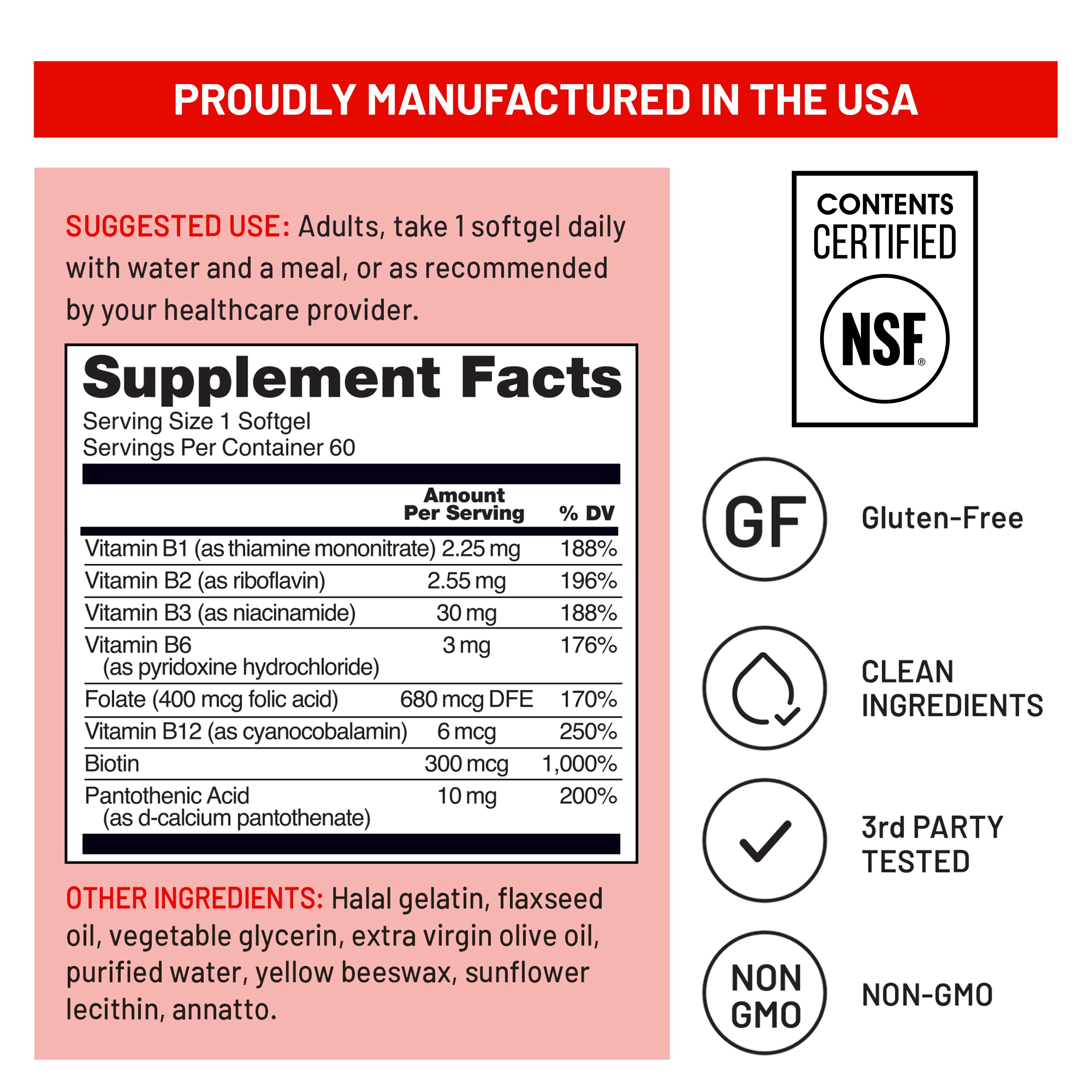 Supplement label with certification logos and ingredient list on a red and white background
