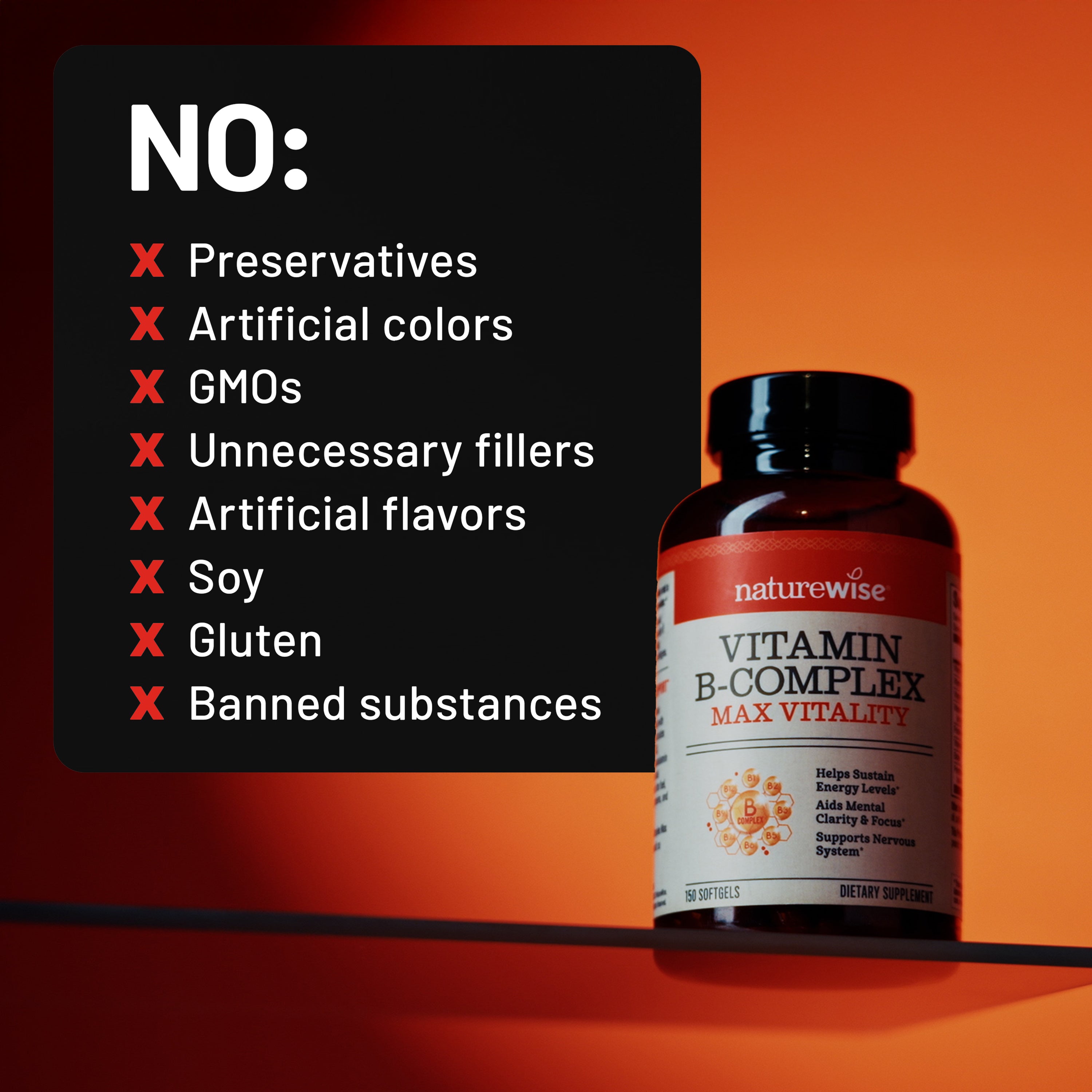Naturewise Vitamin B-Complex Max Vitality supplement bottle on an orange background with a list of 'No' items.