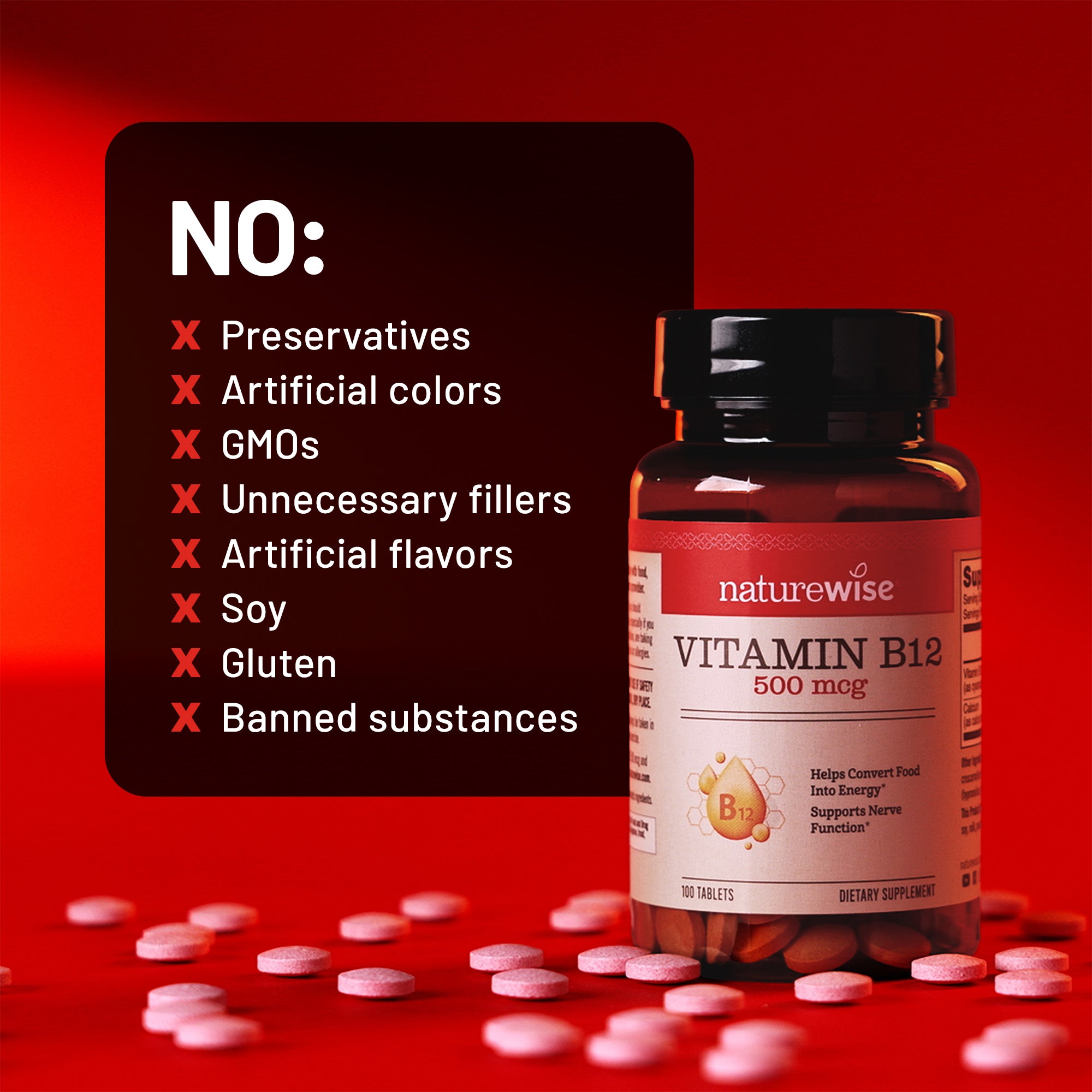 Naturewise Vitamin B12 supplement bottle with a list of no ingredients on a red background