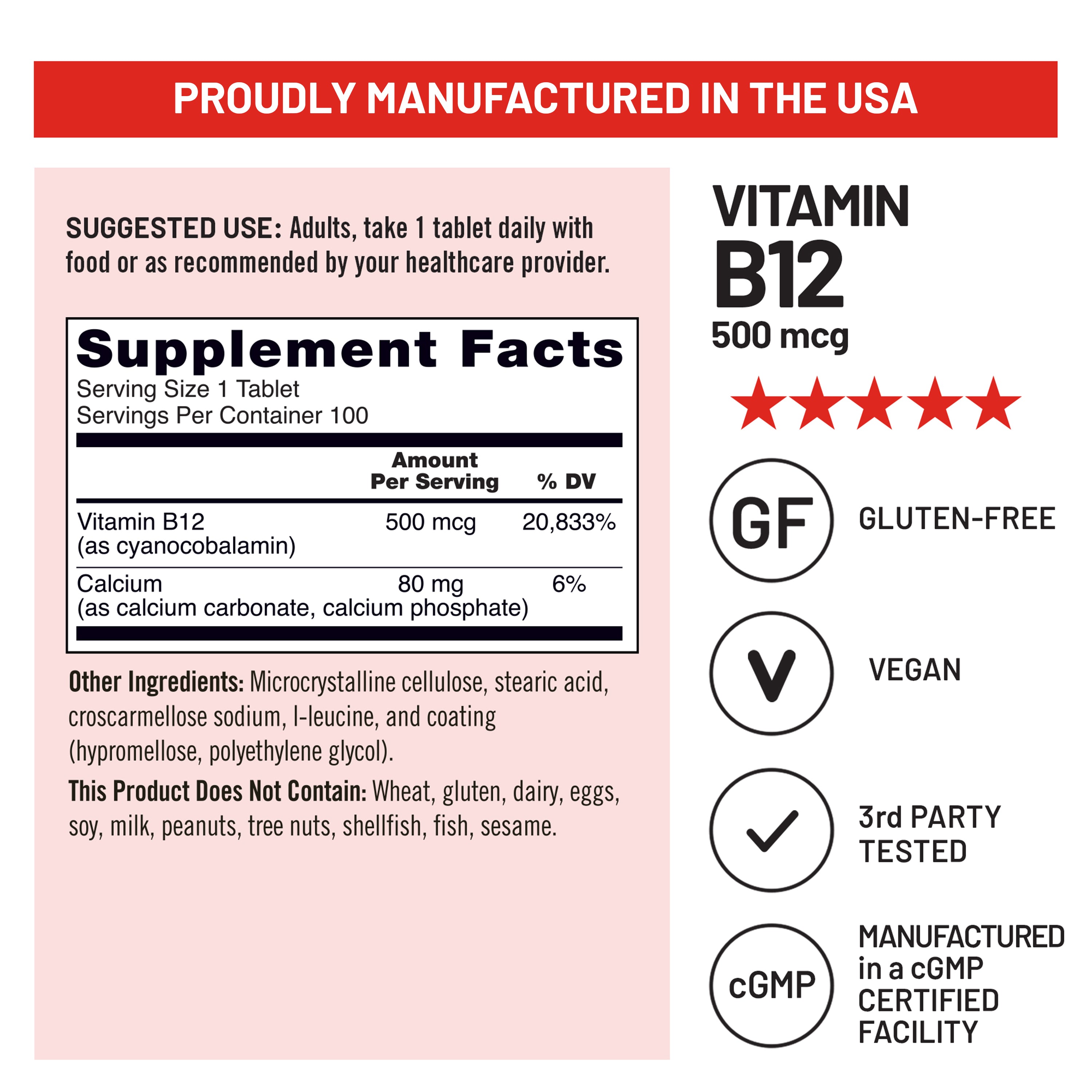 Vitamin B12 supplement label with facts and certification logos on a pink background