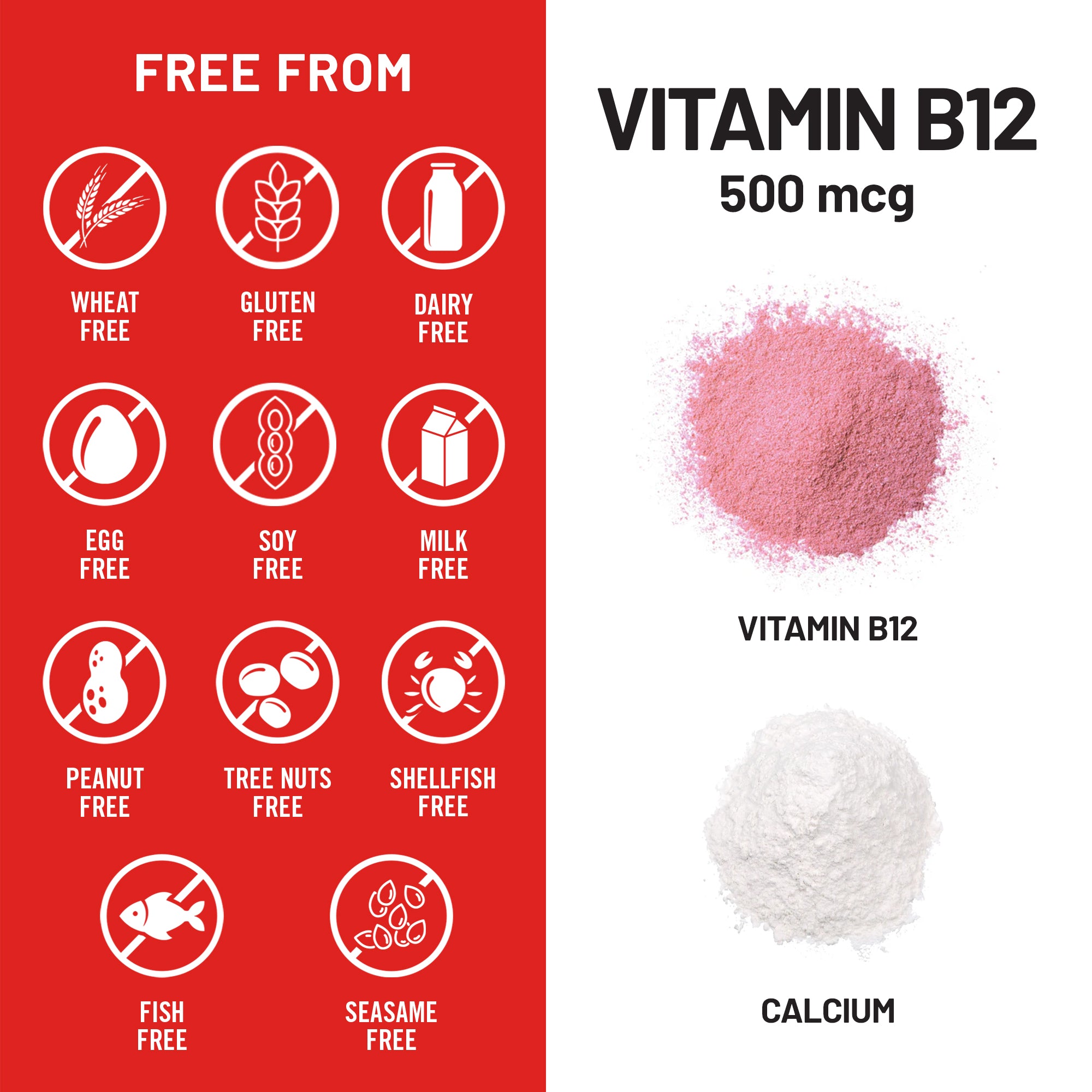 Vitamin B12 supplement with free-from icons and powder samples on a red background