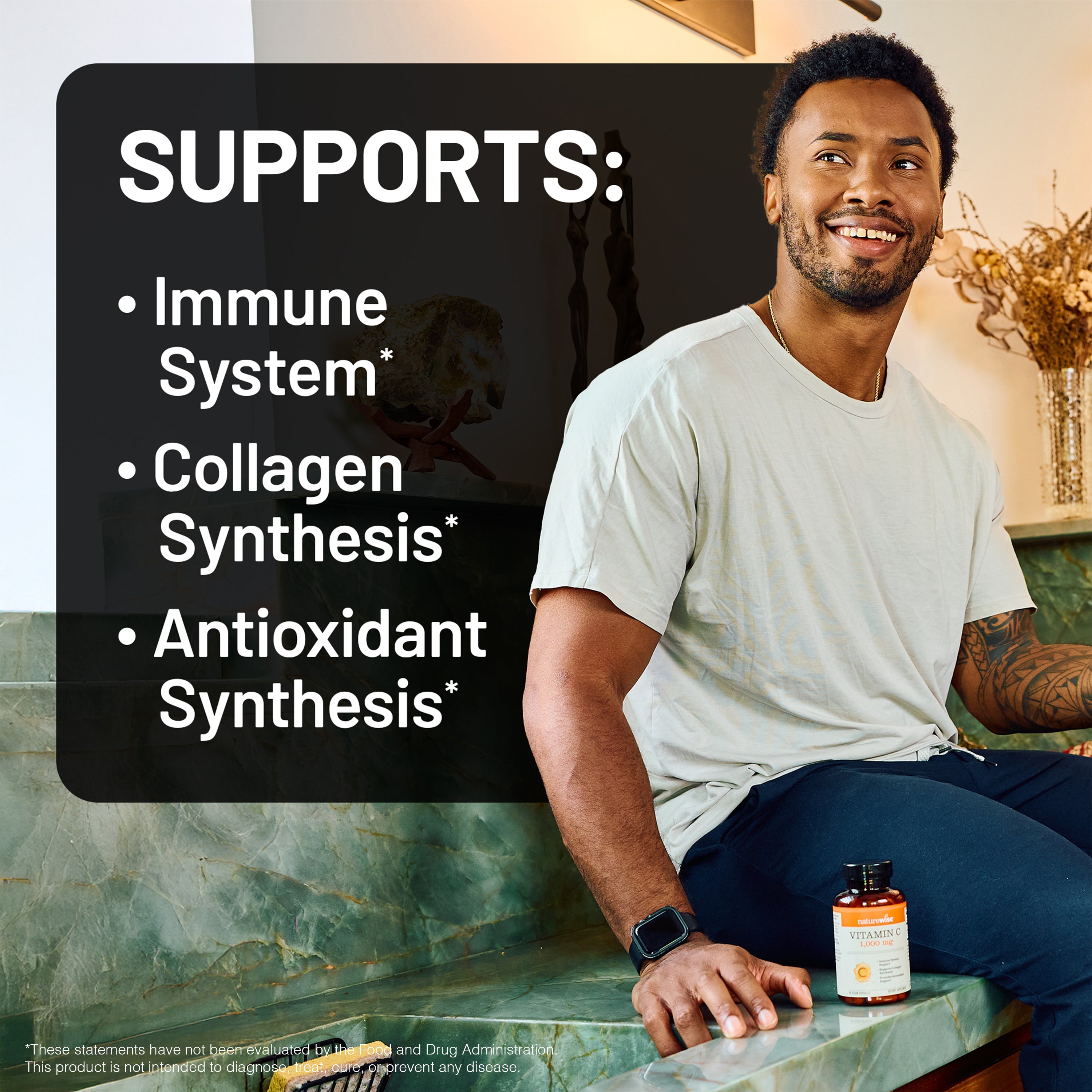 Man sitting on a couch with a bottle of Vitamin C supplement, text about product benefits.