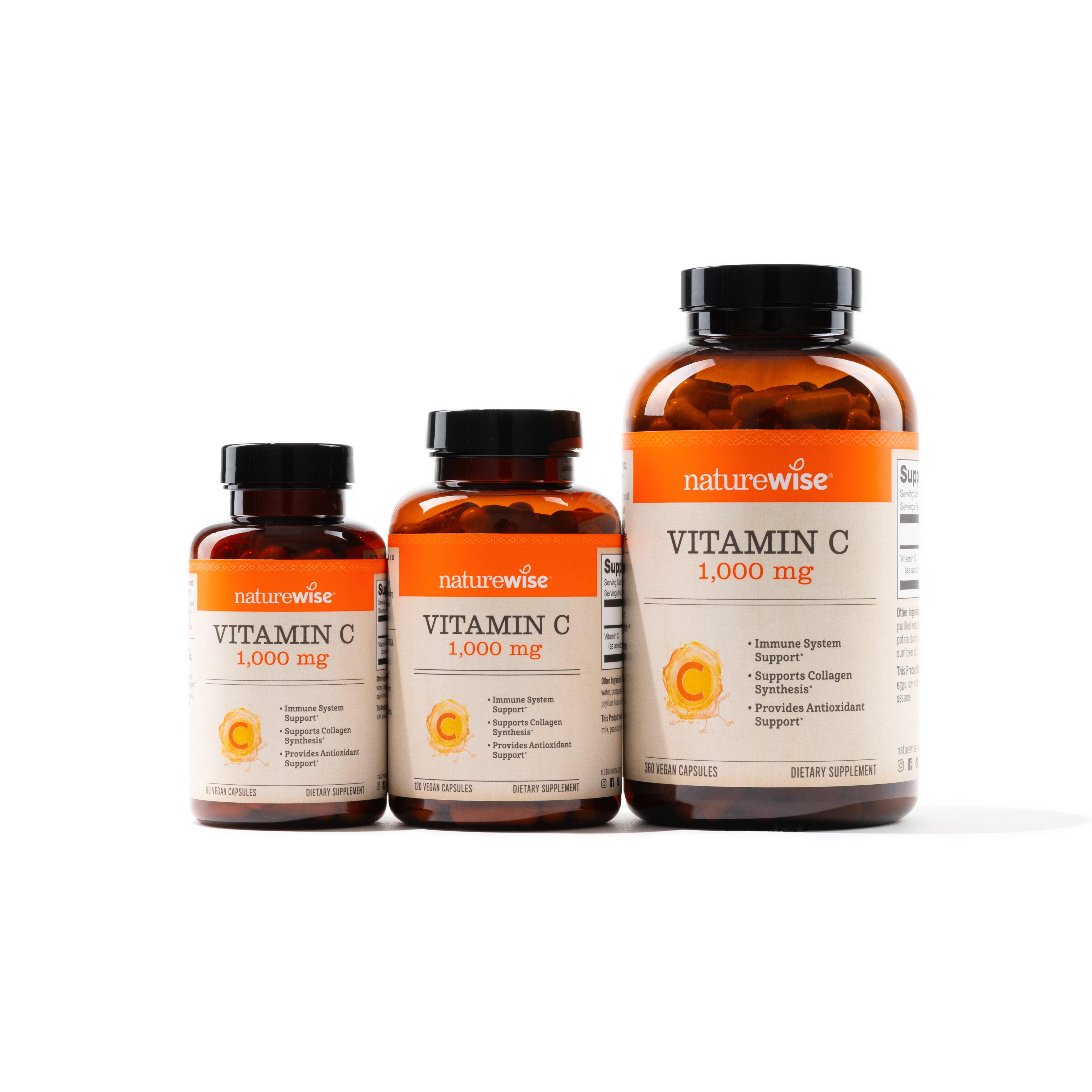 NatureWise Vitamin C supplements next to eachother all bottle sizes