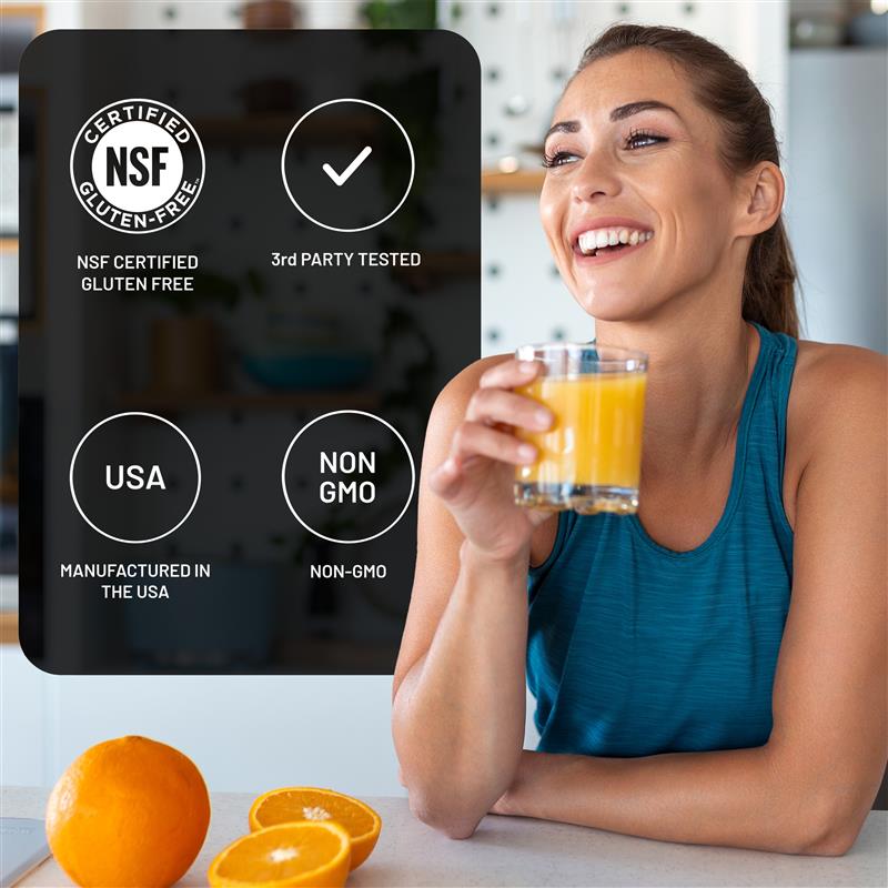 Woman holding a glass of orange juice with NSF certification label in the foreground