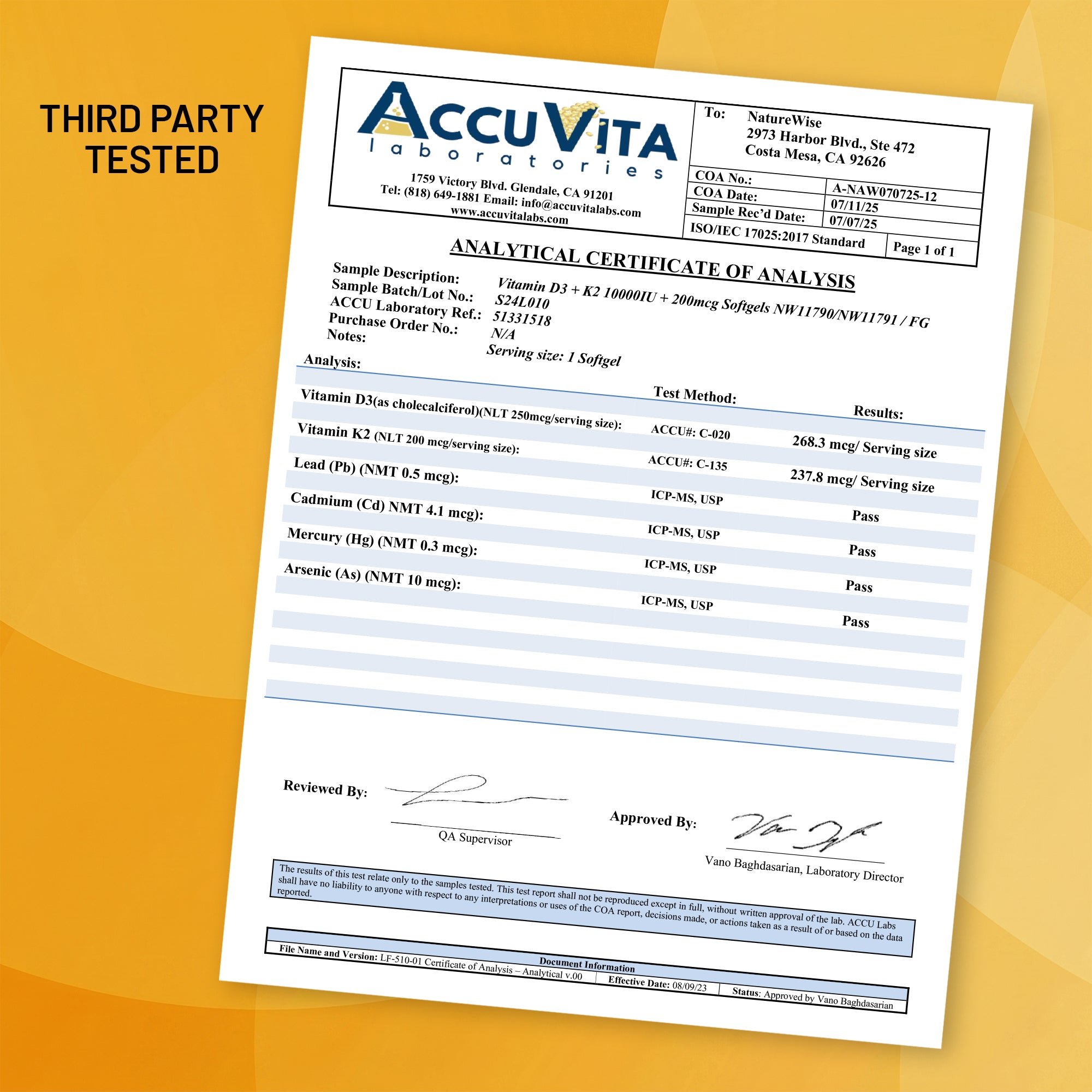 Certificate of Analysis for NatureWise Vitamin D3 K2 10,000 IU + 100 mcg Softgels supplement