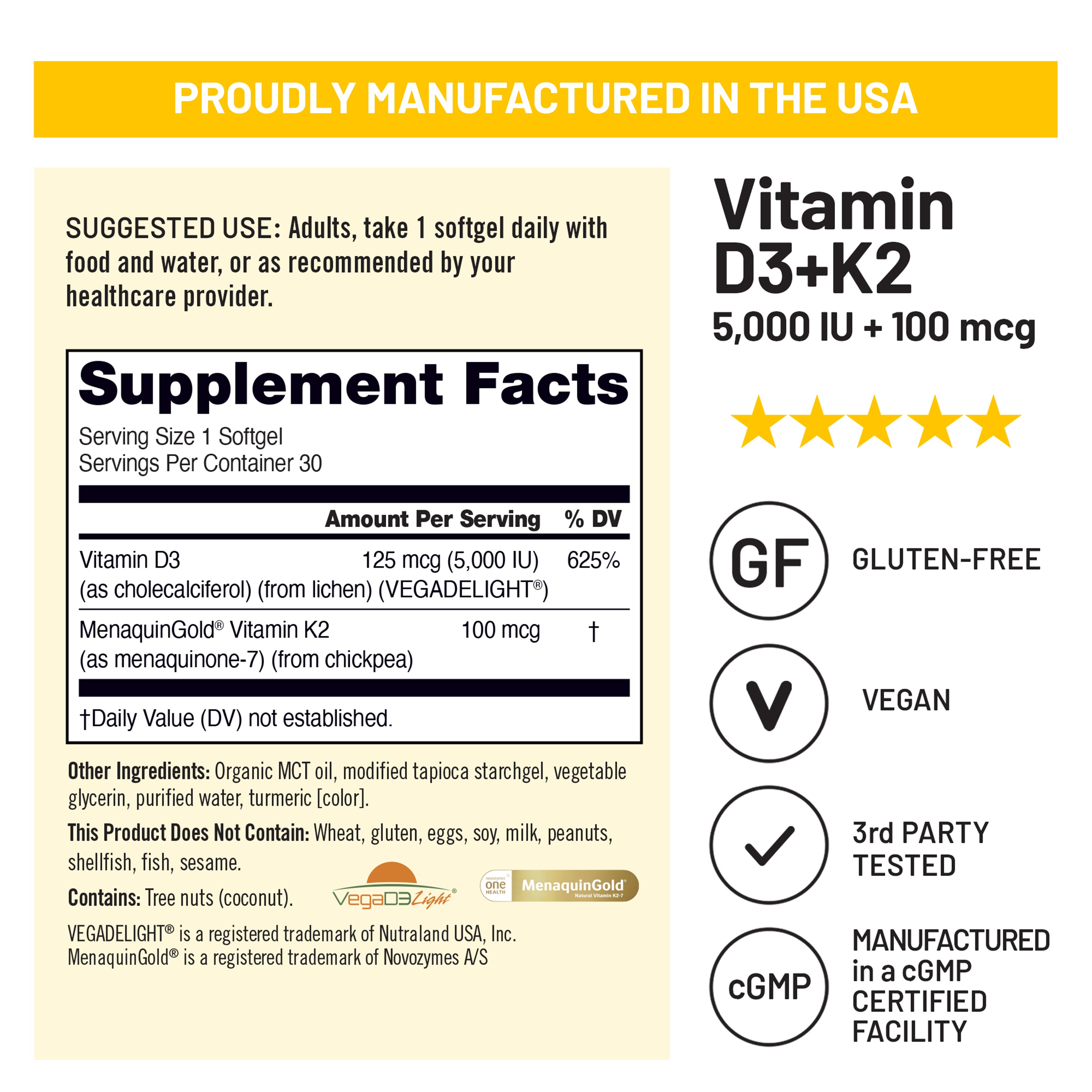 Supplement facts for NatureWise Vitamin D3 + K2 5,000 IU