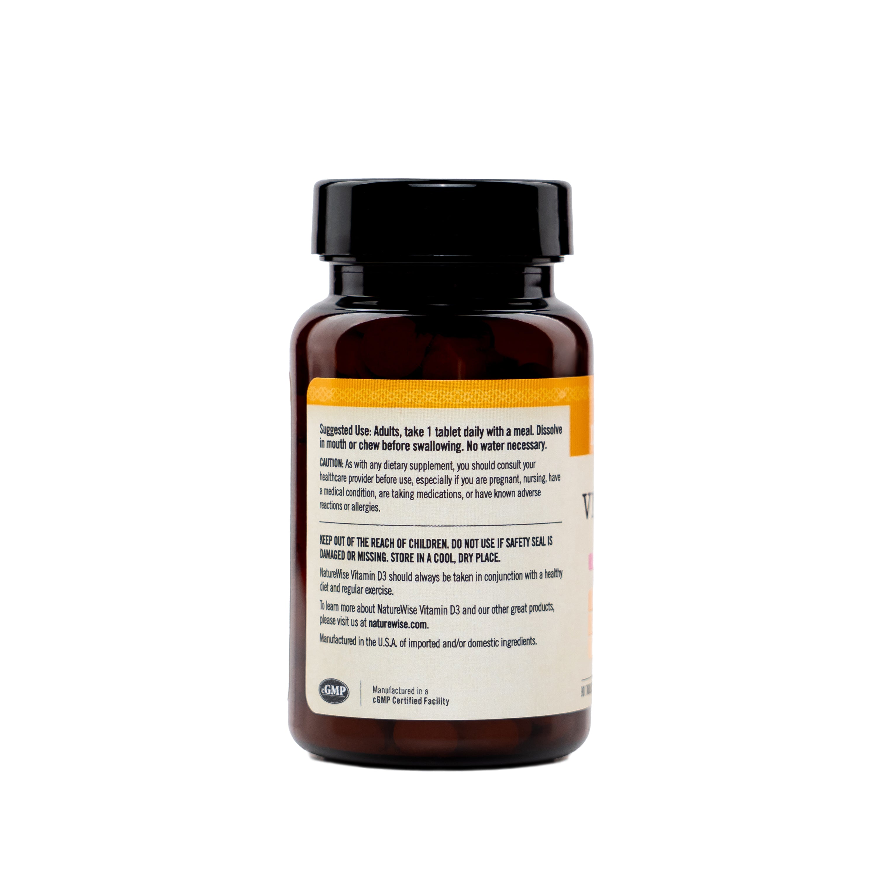 NatureWise Vitamin D3 fast dissolve supplement side of bottle showing suggested use.