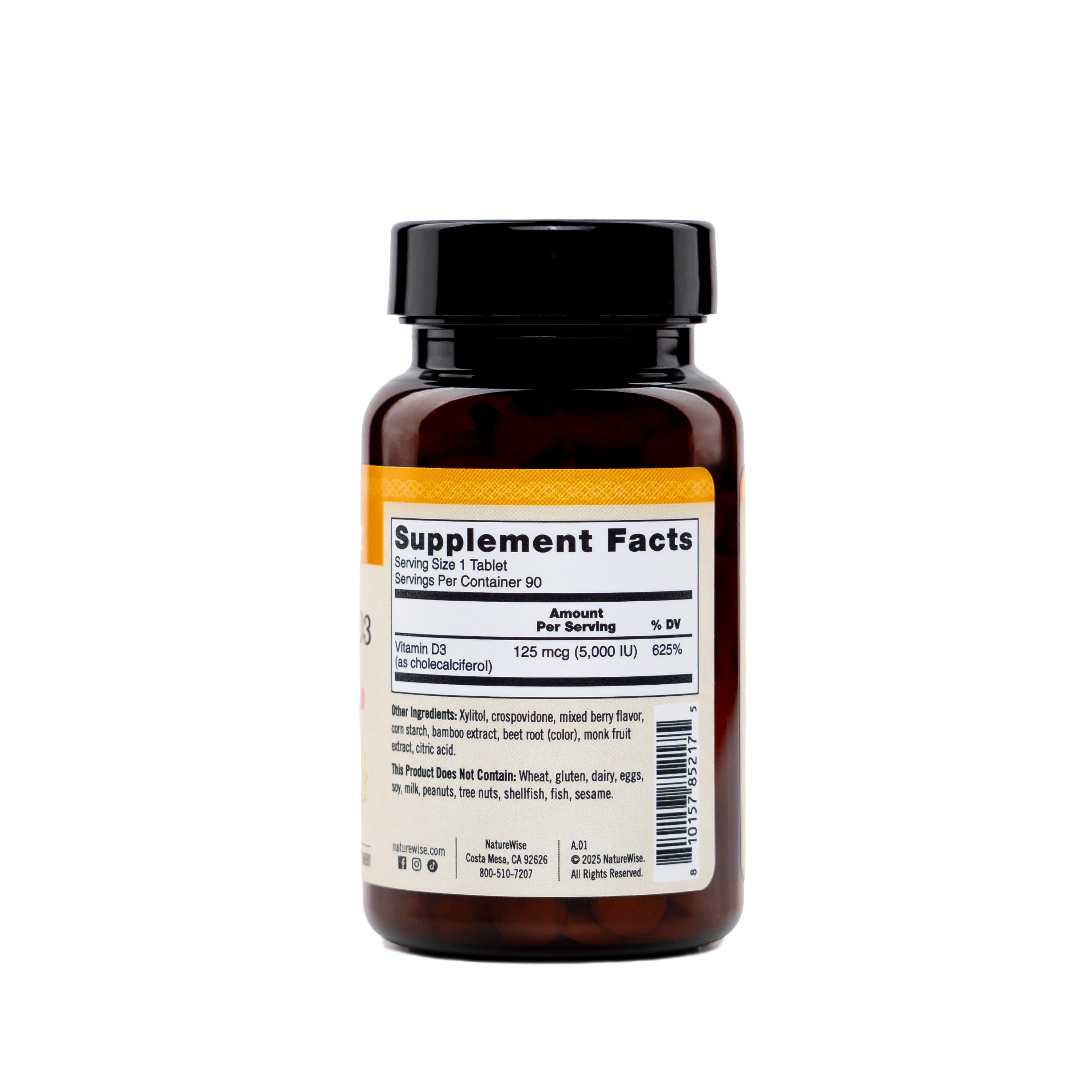 NatureWise Vitamin D3 fast dissolve supplement back of bottle showing supplement facts.