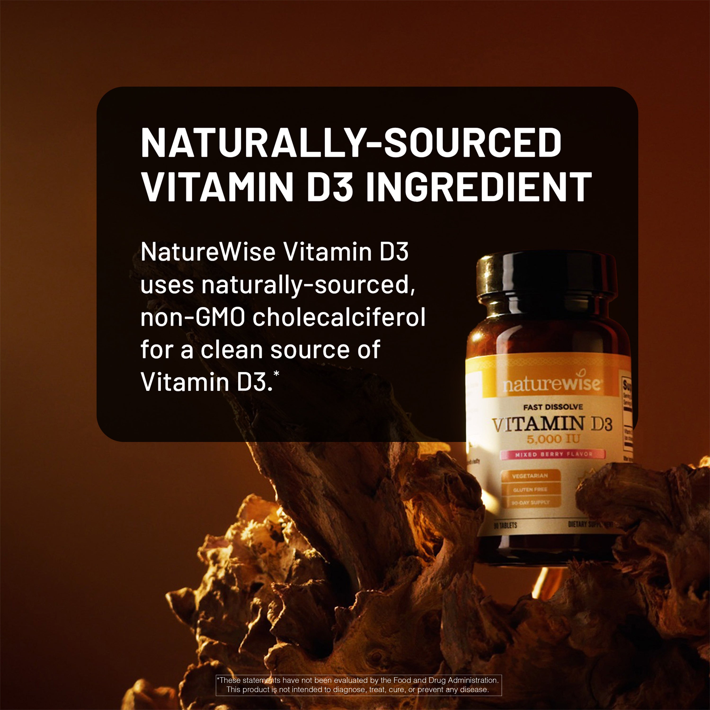 NatureWise Vitamin D3 fast dissolve supplement bottle with text about naturally-sourced ingredient on a brown background