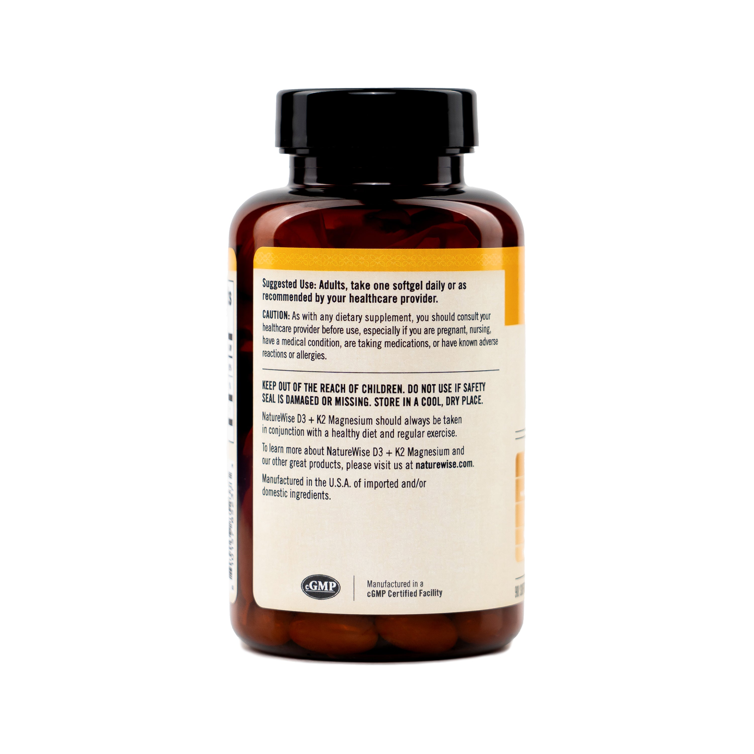 NatureWise Vitamin D3 K2 Magnesium Glycinate Supplement bottle with the suggested use on a white background.