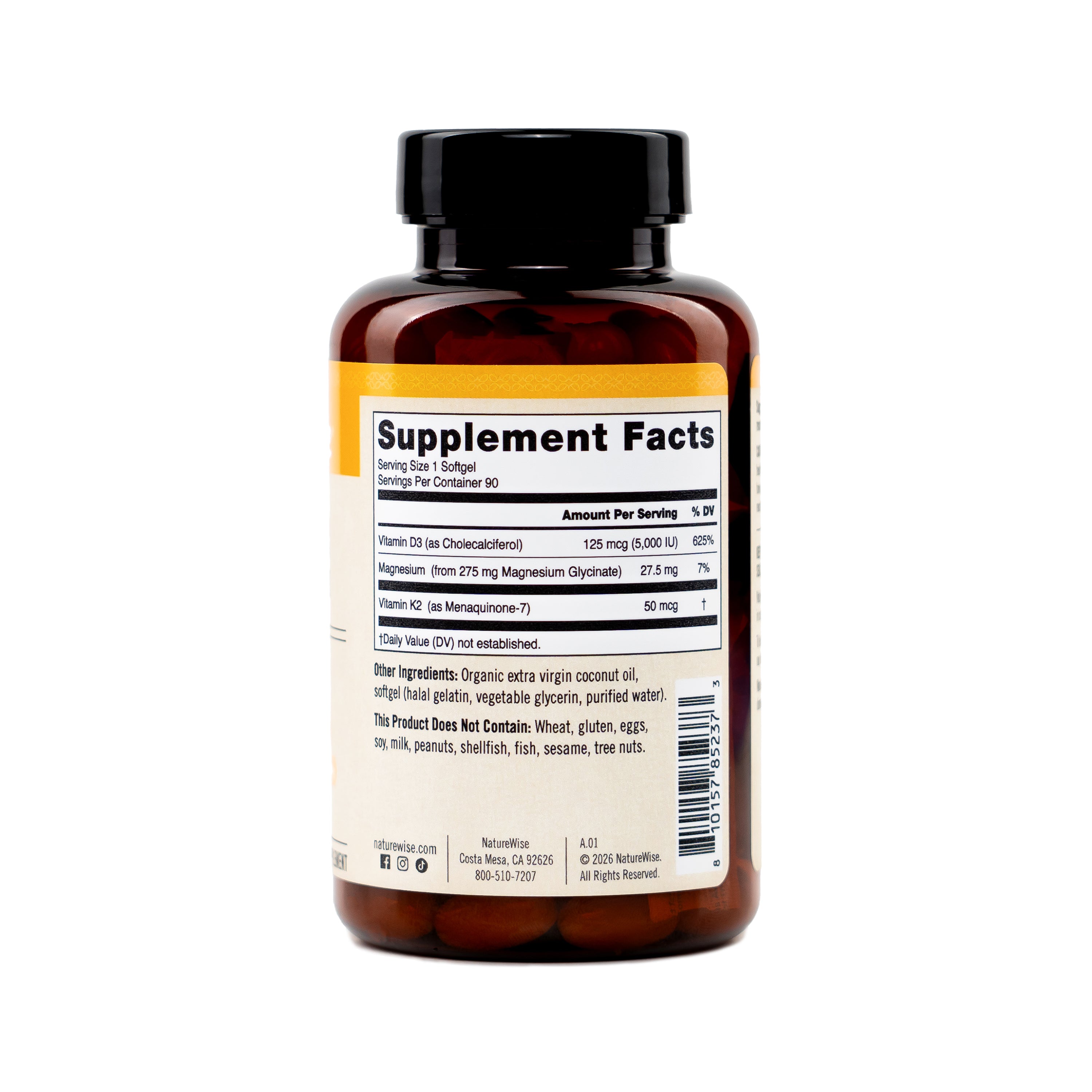 NatureWise Vitamin D3 K2 Magnesium Glycinate Supplement bottle with a label showing 'Supplement Facts' on a white background.
