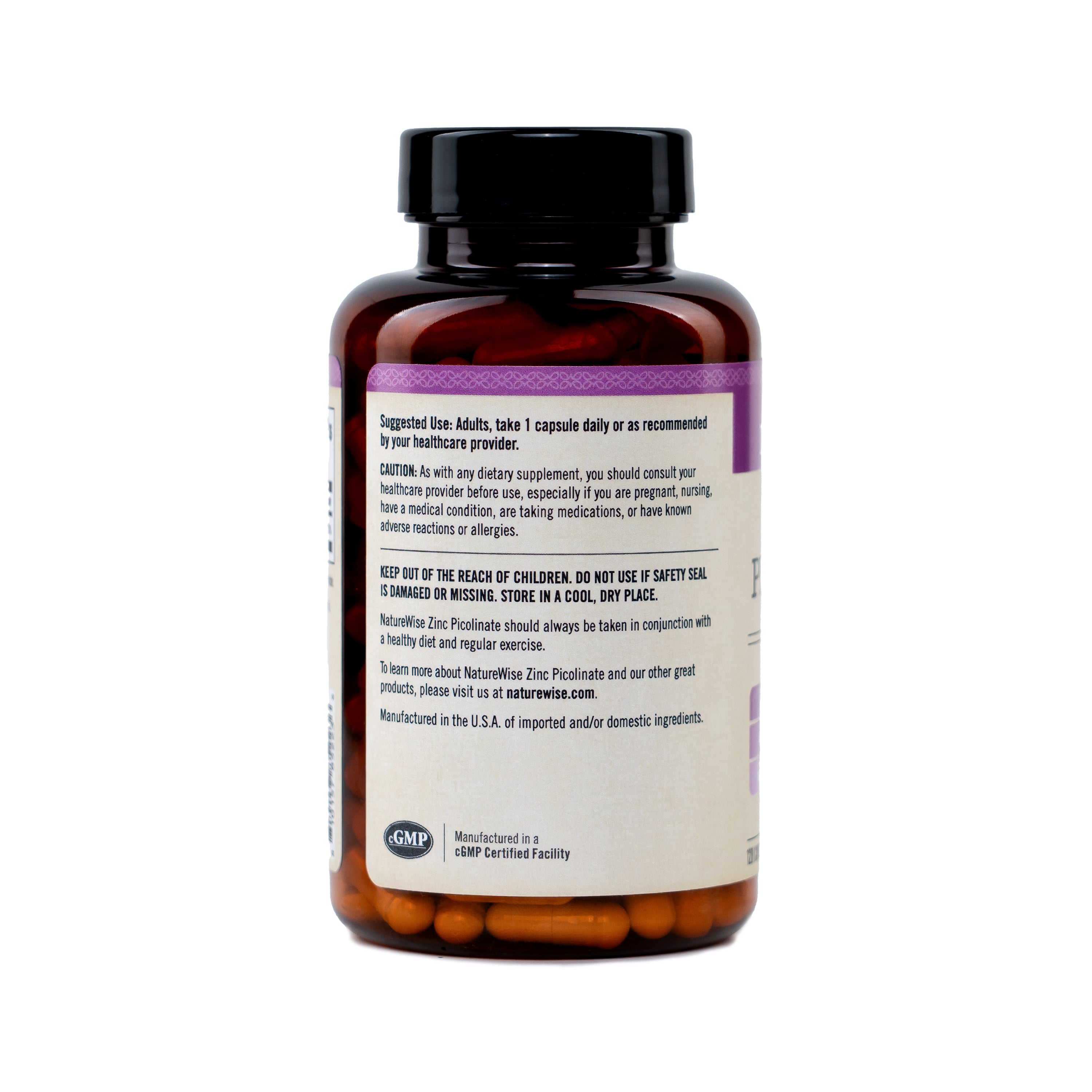 Zinc supplement back of bottle showing suggested use.