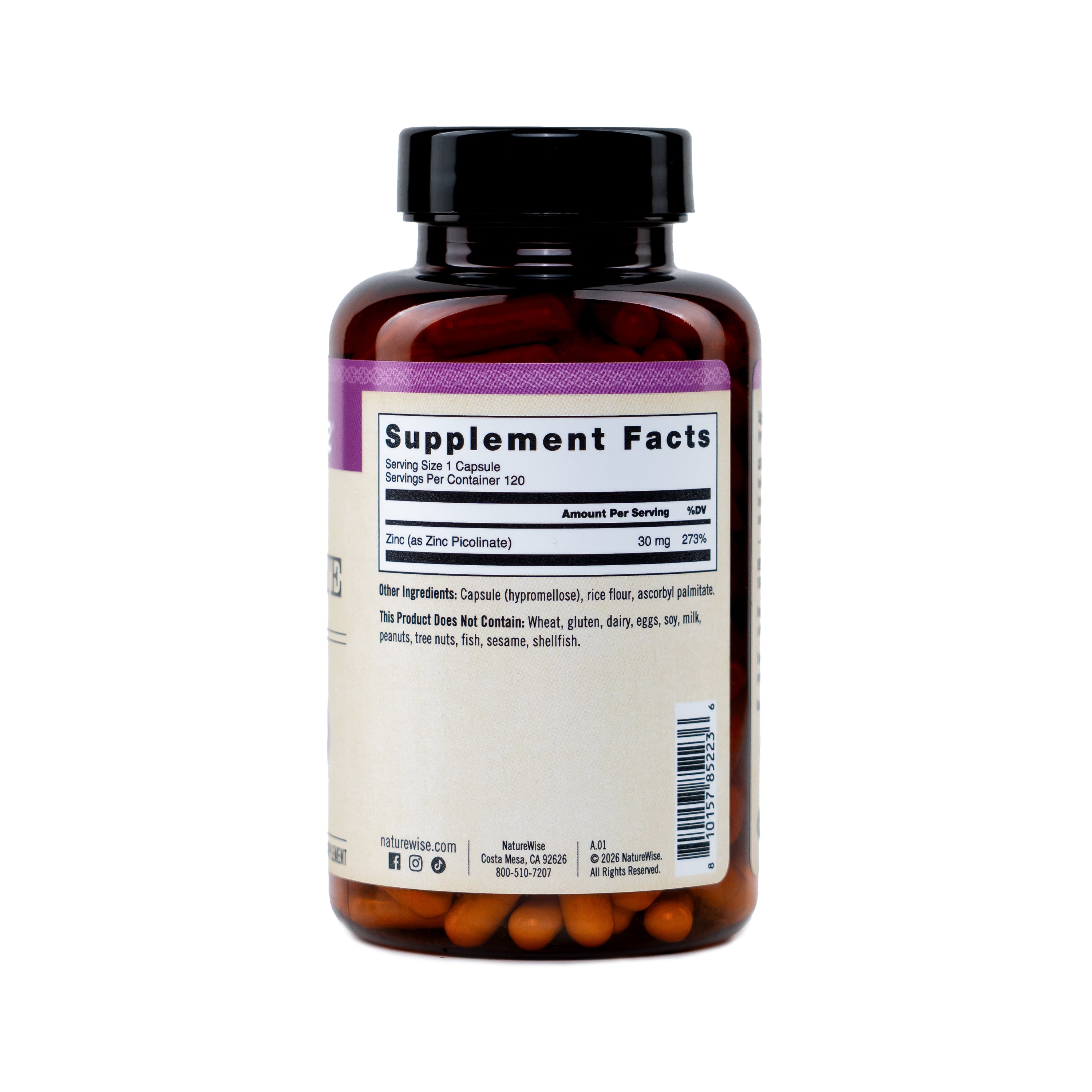 NatureWise Zinc supplement bottle showing supplement facts