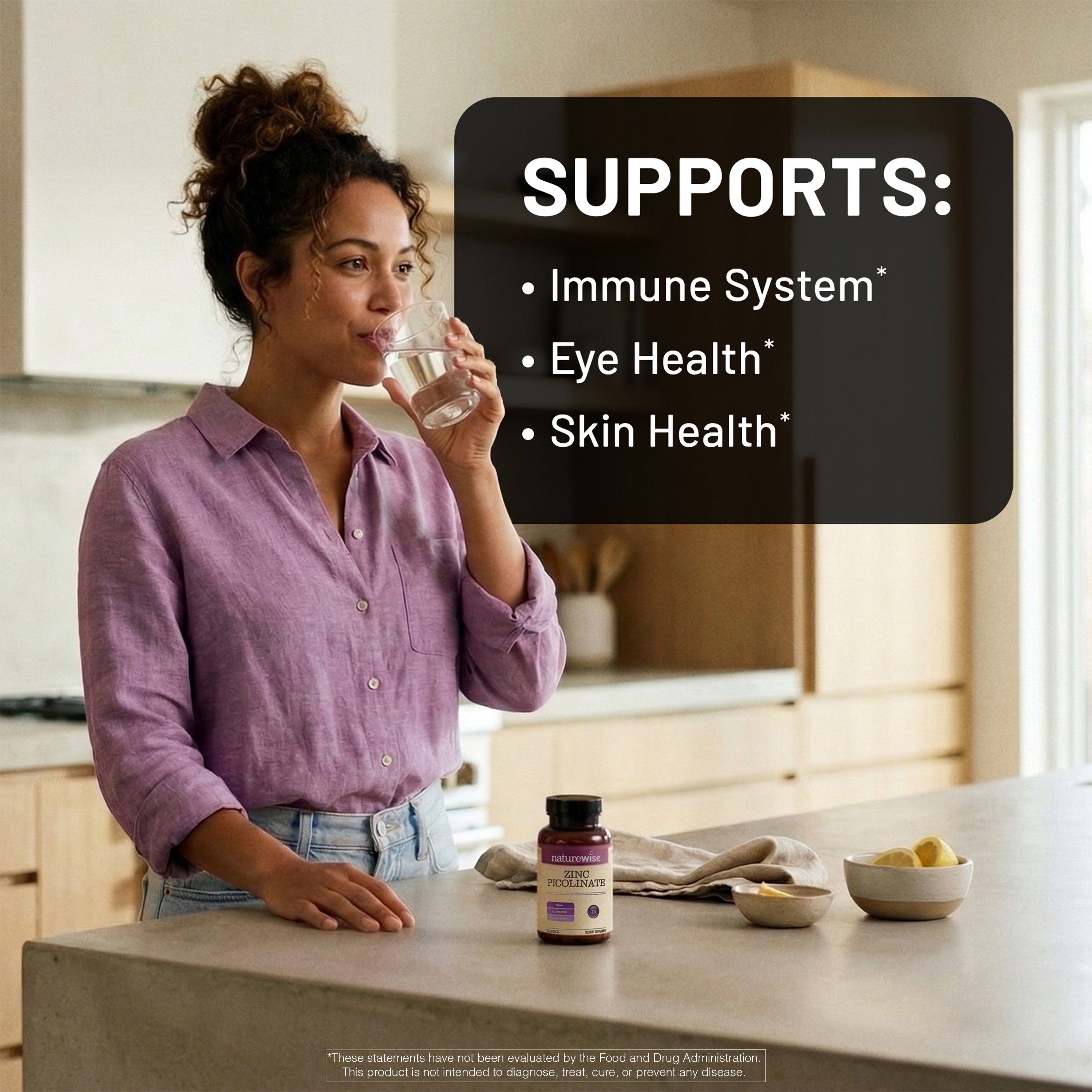 Woman drinking water in a kitchen with a bottle of NatureWise Zinc Picolinate supplement on the counter, text overlay about product benefits.
