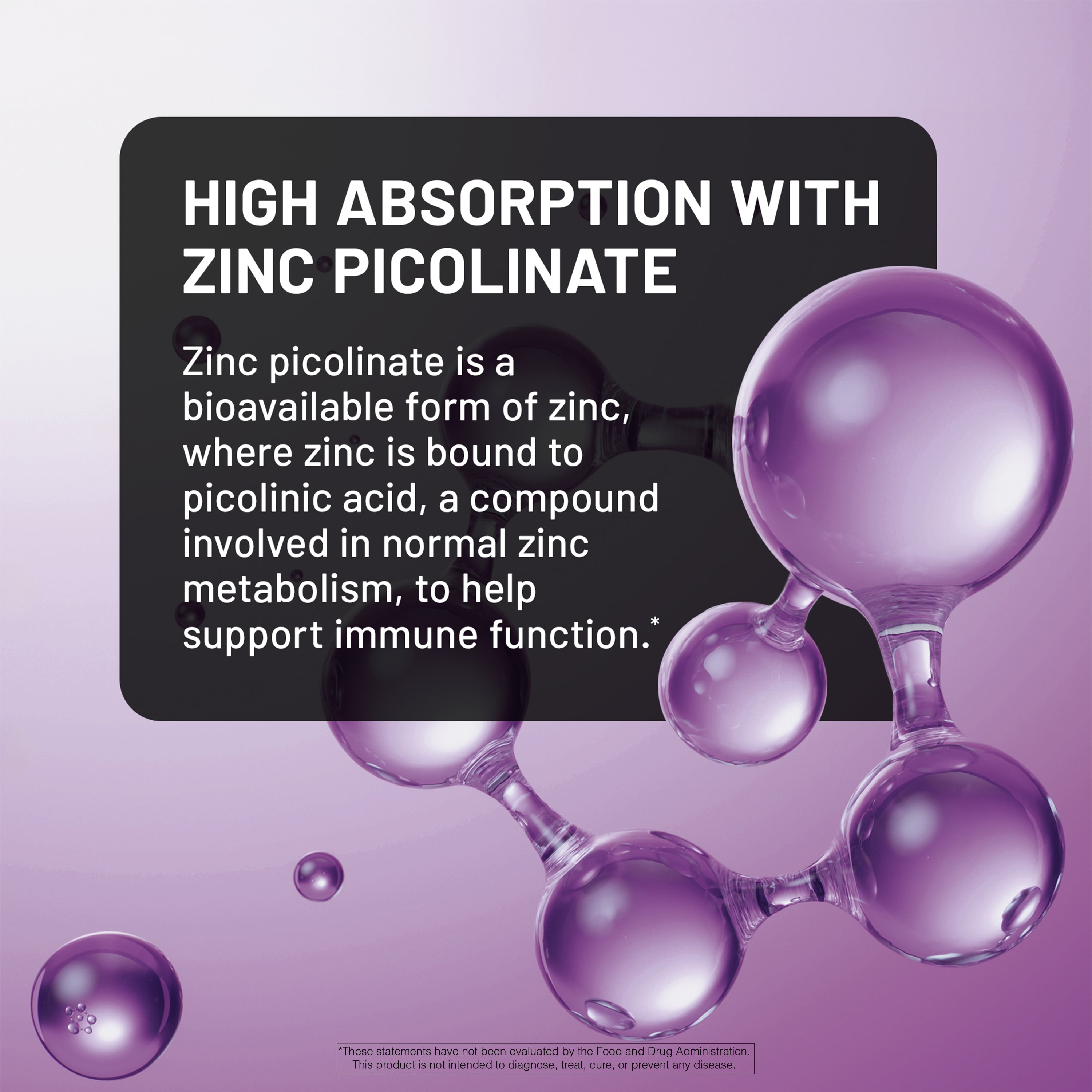 NatureWise Zinc Picolinate molecule model with text about high absorption and zinc picolinate on a purple background