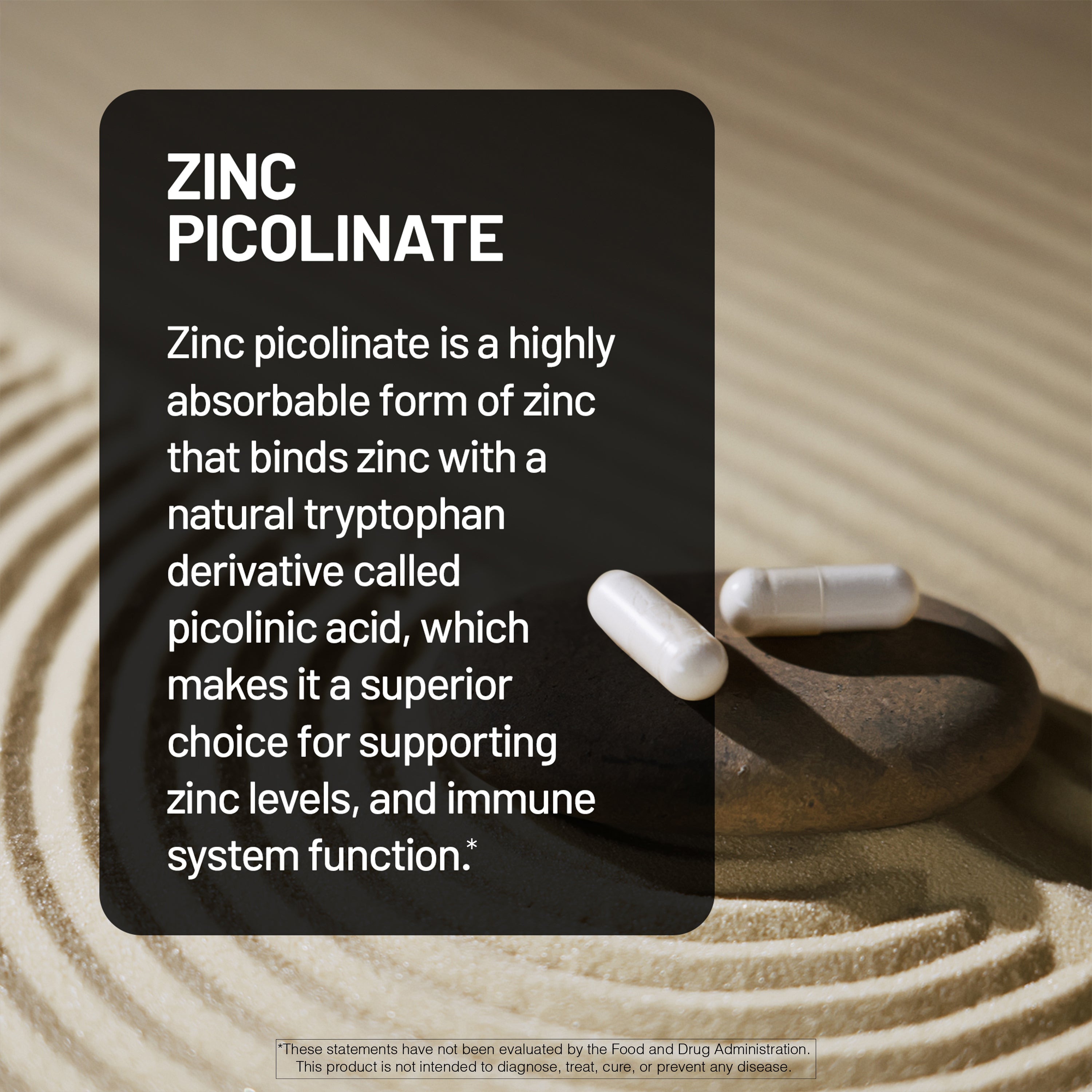 Zinc picolinate capsules on a textured surface with descriptive text overlay.