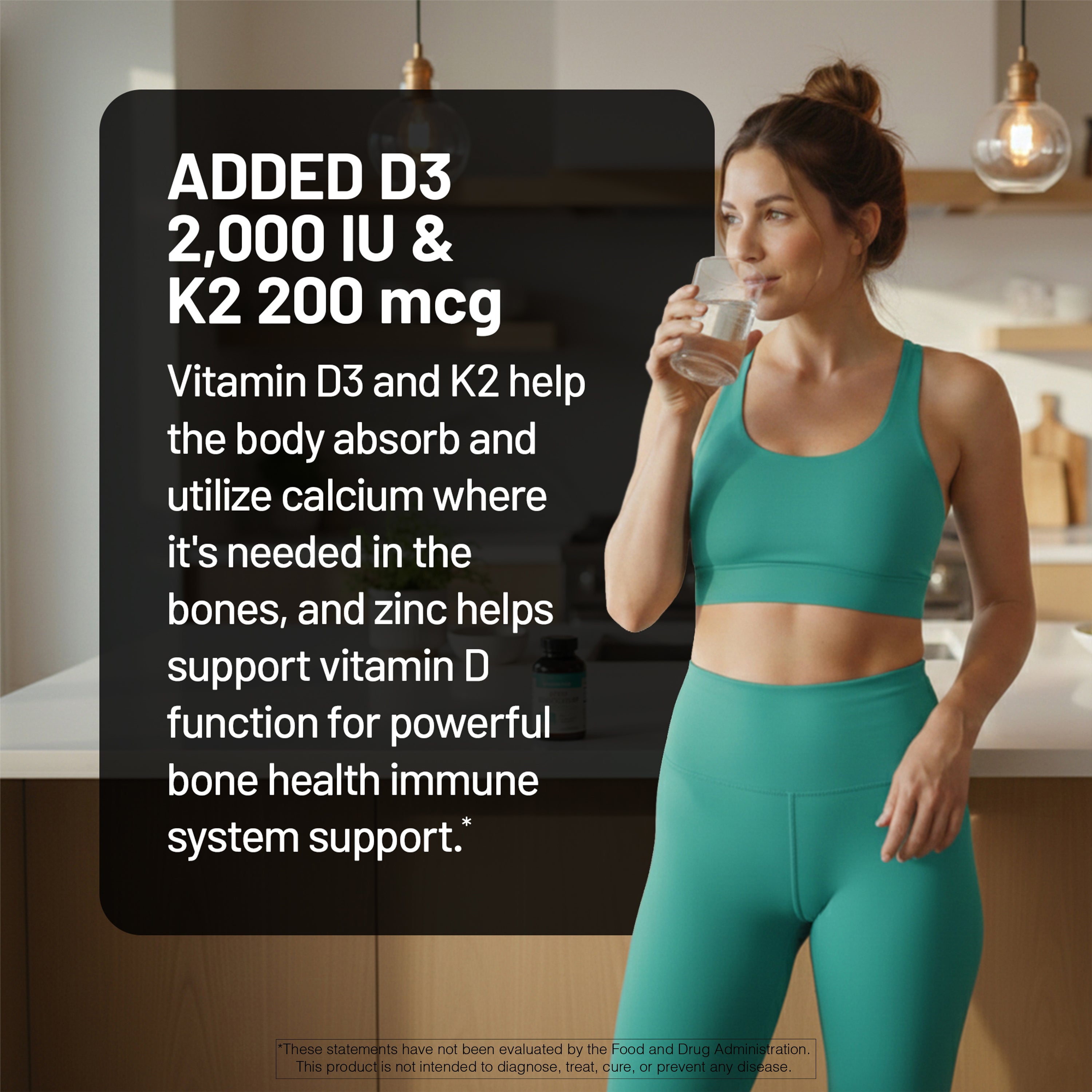 Woman in green athletic wear drinking water with health benefits text overlay