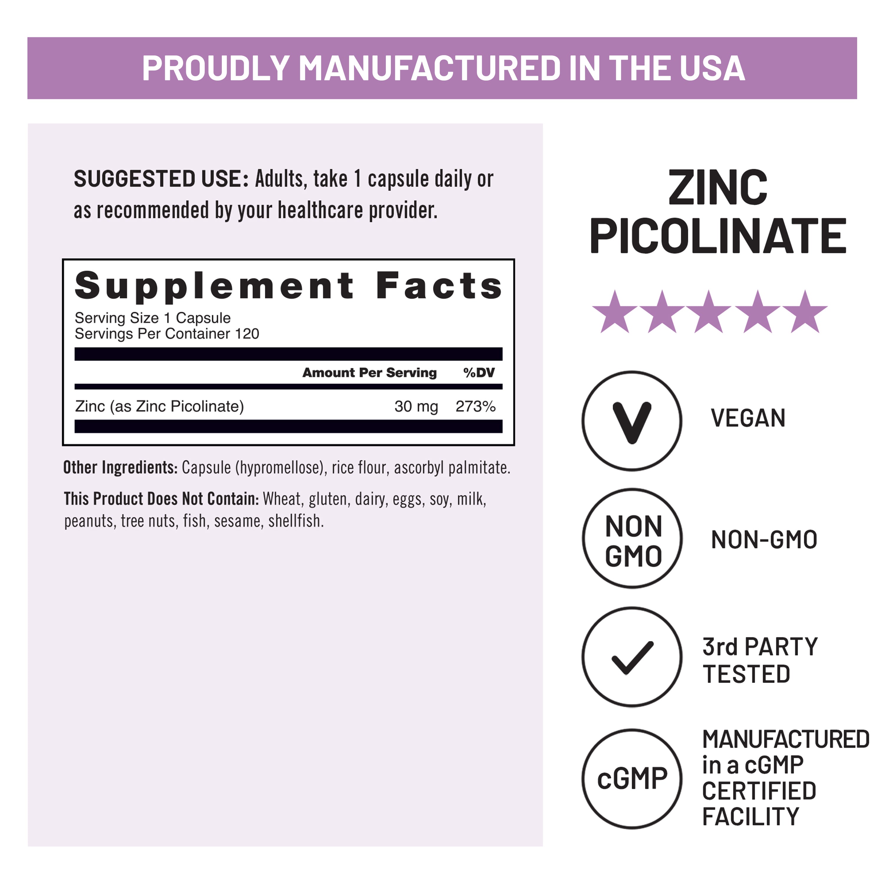 NatureWise Zinc Picolinate supplement fact label 120 capsules