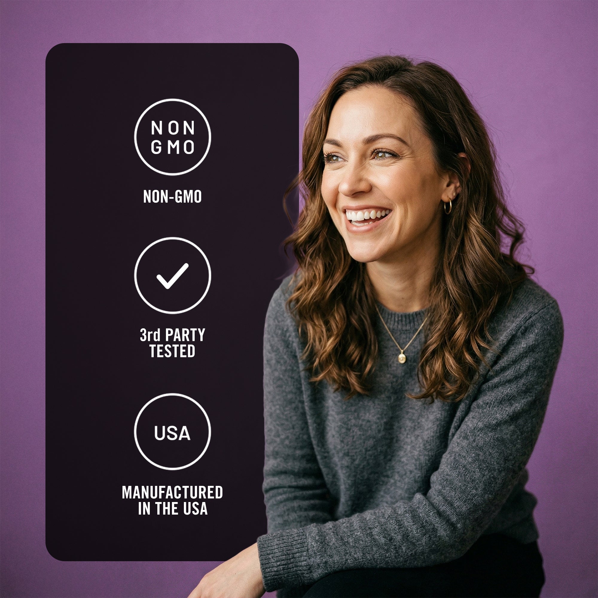 Woman smiling next to a black card with certification icons for NatureWise Zinc Picolinate supplement on a purple background