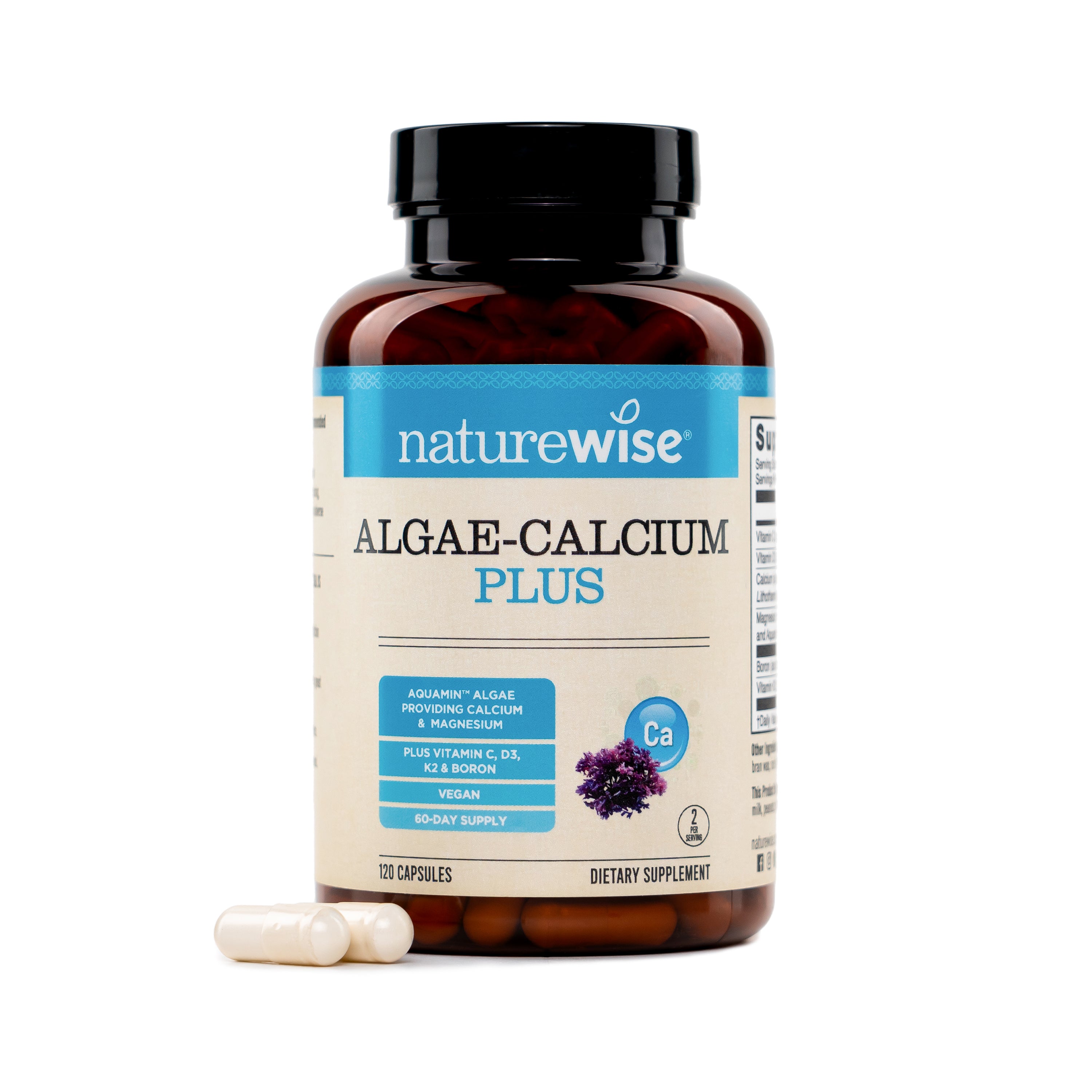 NatureWise Algae Calcium Plus Supplement bottle with two capsules on a white background