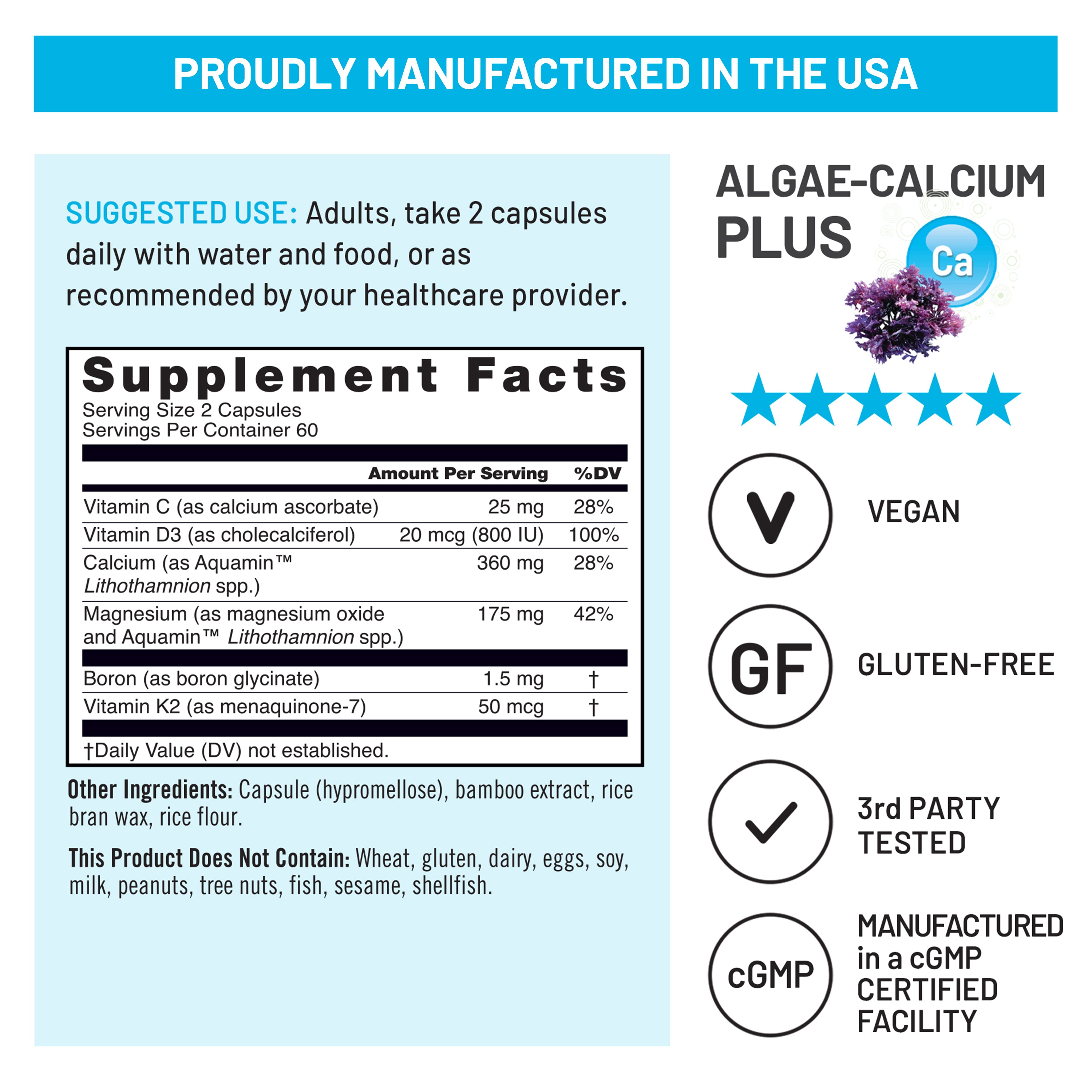 NatureWise Algae-Calcium Plus supplement fact label with usage instructions, and certification logos.