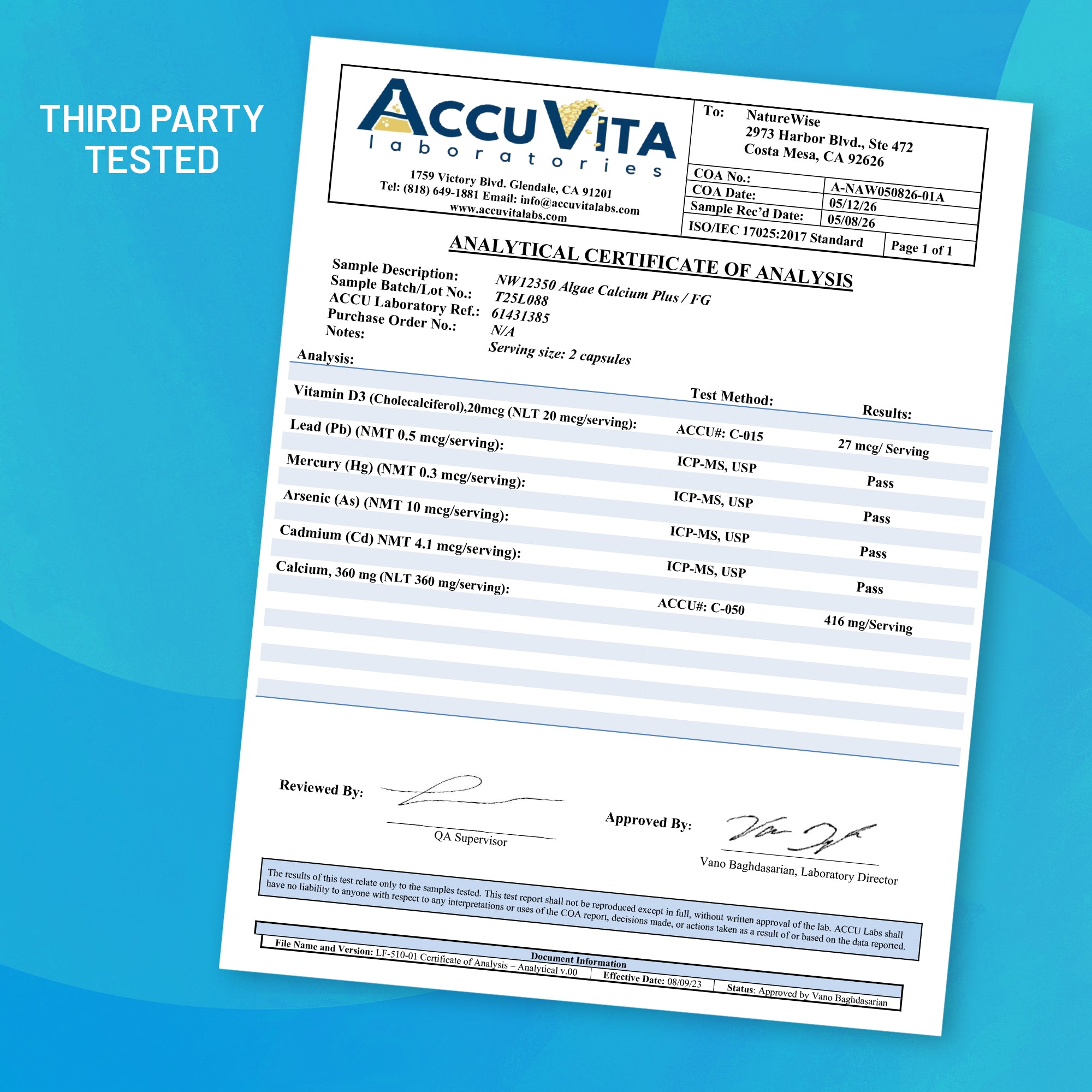 NatureWise Algae Calcium Plus Analytical certificate of analysis from AccuVita Laboratories on a blue background