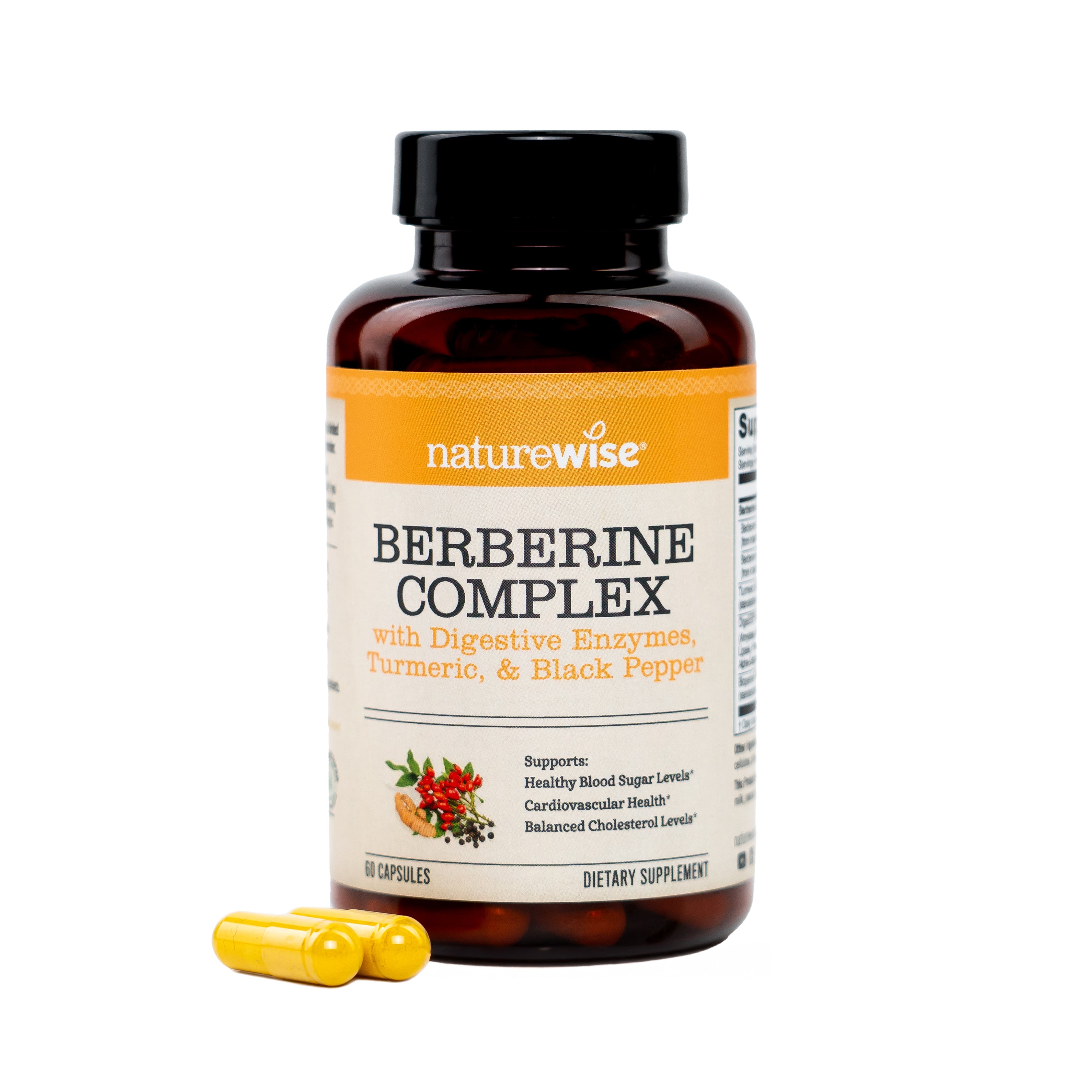 Naturewise Berberine Complex supplement bottle with capsules on a white background