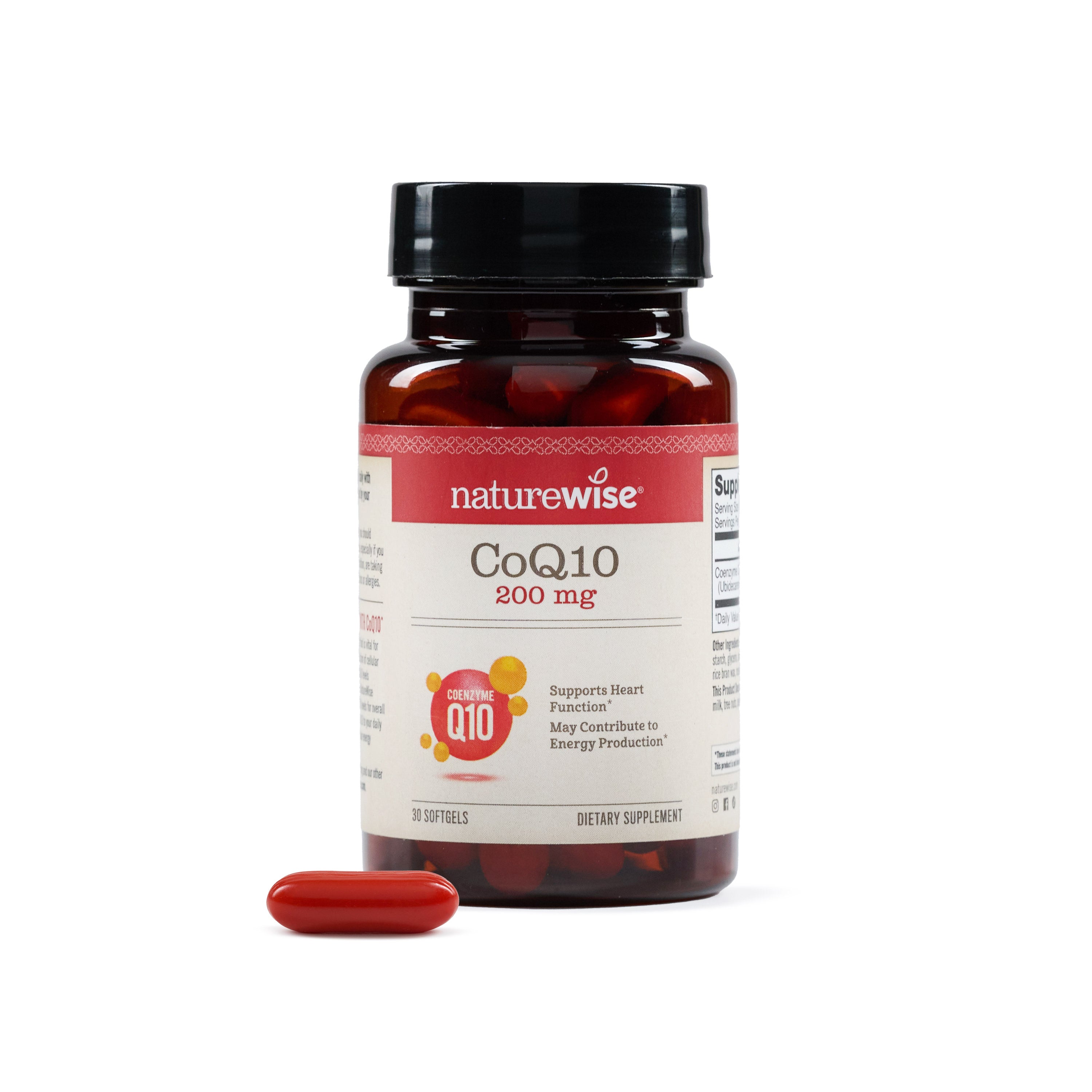 NatureWise CoQ10 supplement bottle with a pill on a white background