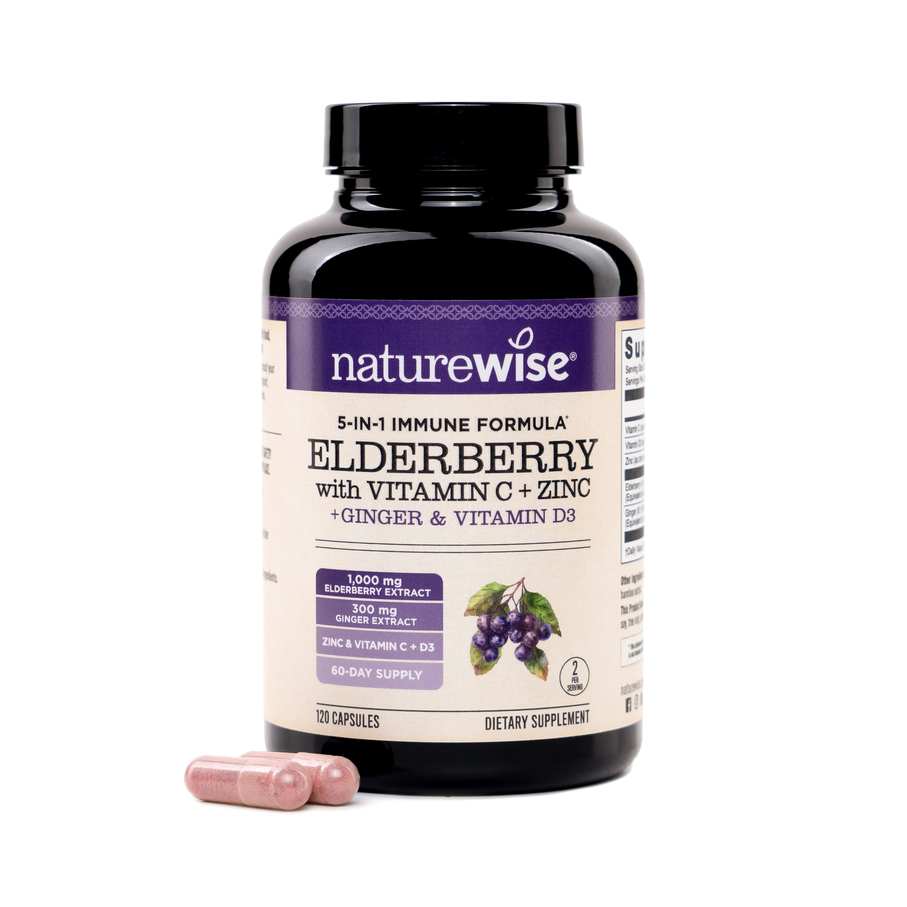 Naturewise Elderberry with Vitamin C, Zinc, Ginger, and Vitamin D3 supplement bottle with capsules on a white background