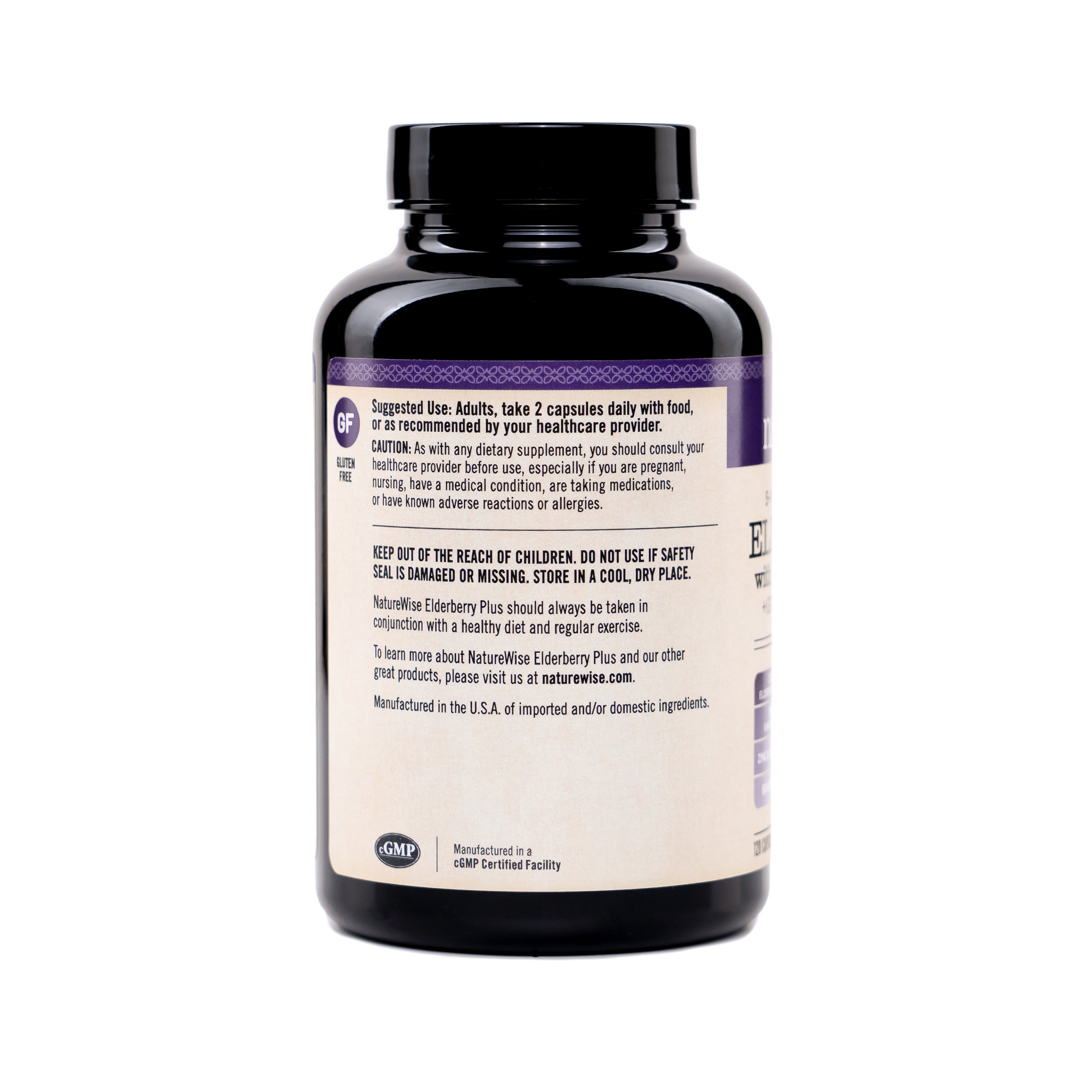 Naturewise Elderberry with Vitamin C, Zinc, Ginger, and Vitamin D3 supplement bottle with label on a white background
