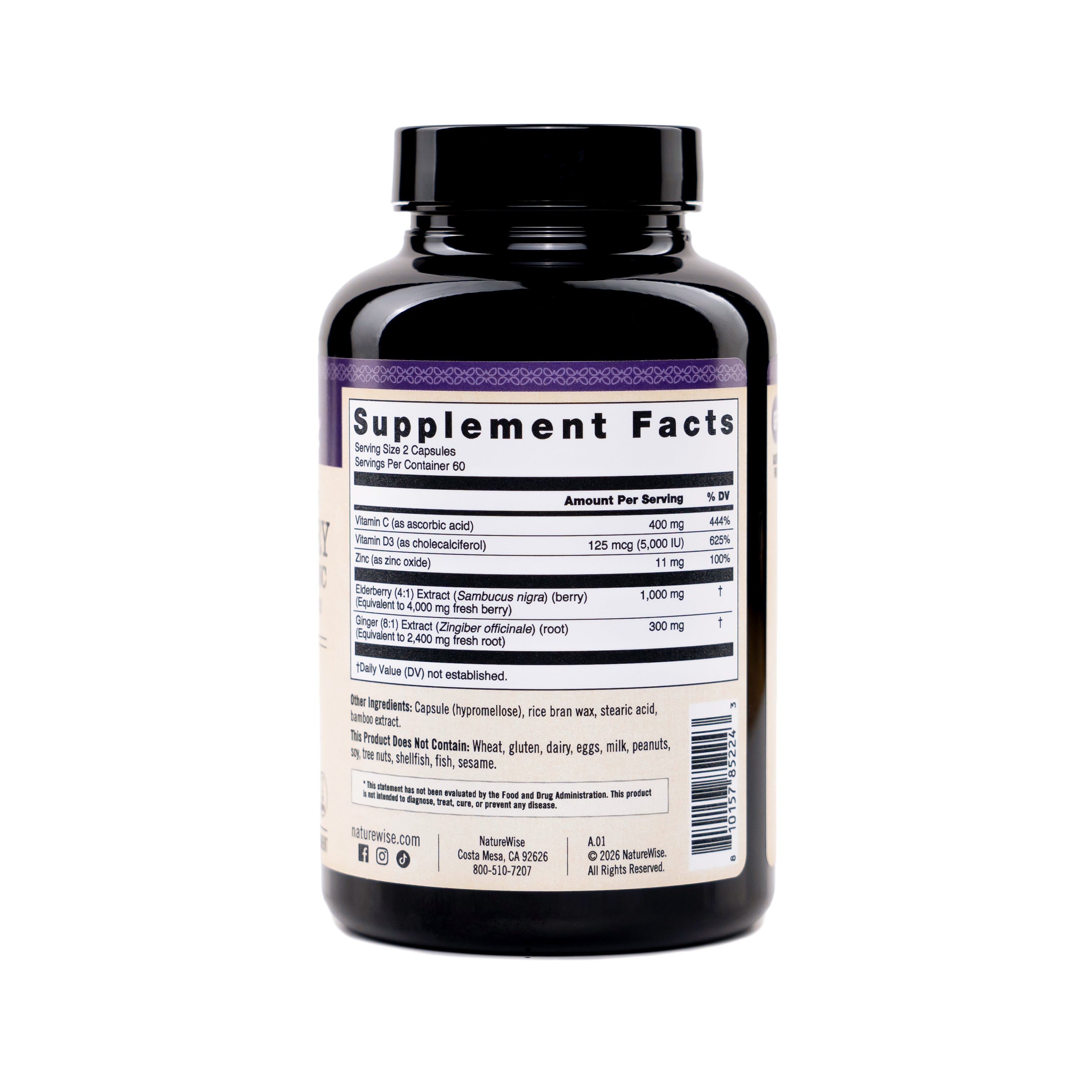 Naturewise Elderberry with Vitamin C, Zinc, Ginger, and Vitamin D3 Supplement bottle with label showing 'Supplement Facts' on a white background