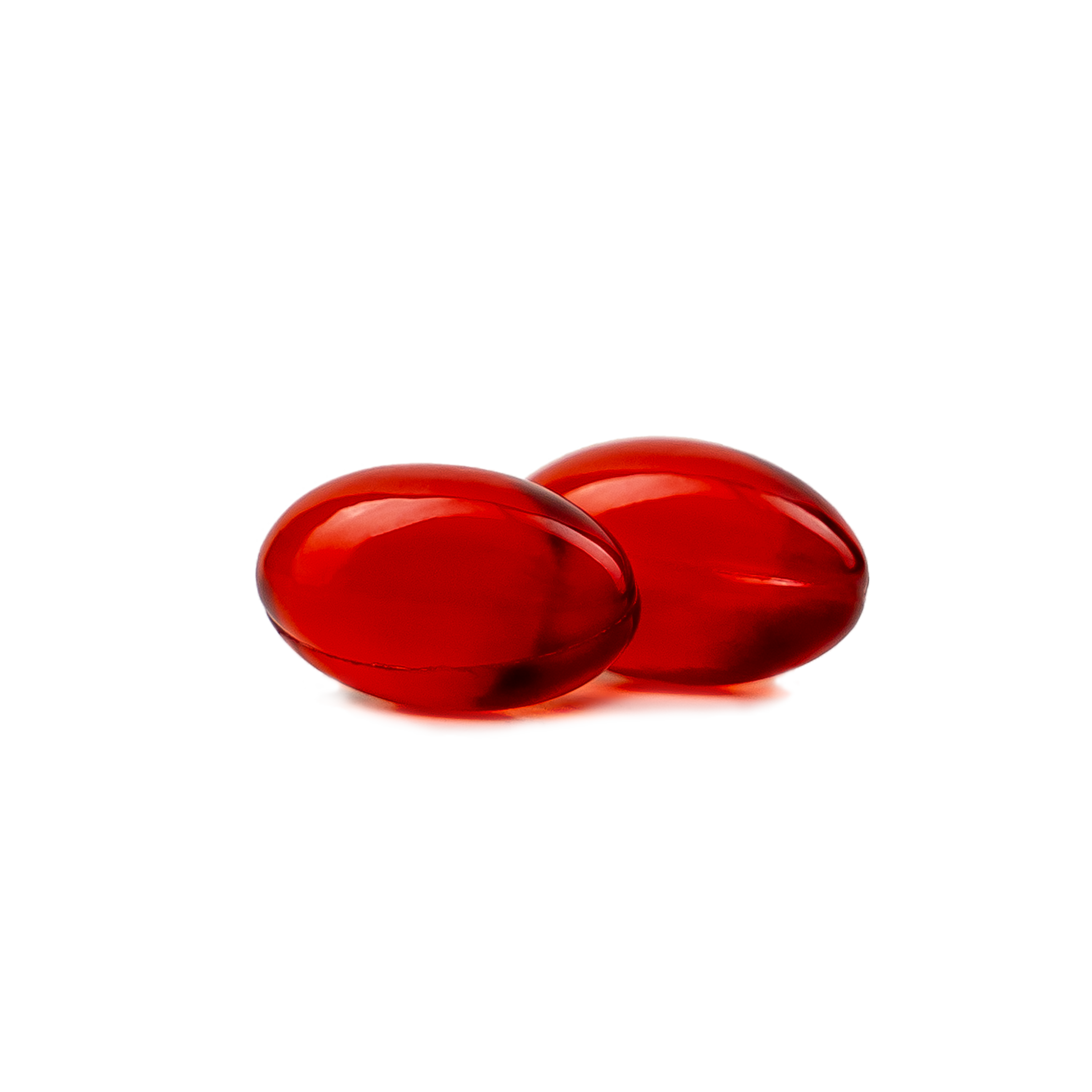 Two red krill oil supplement softgels on a plain background.