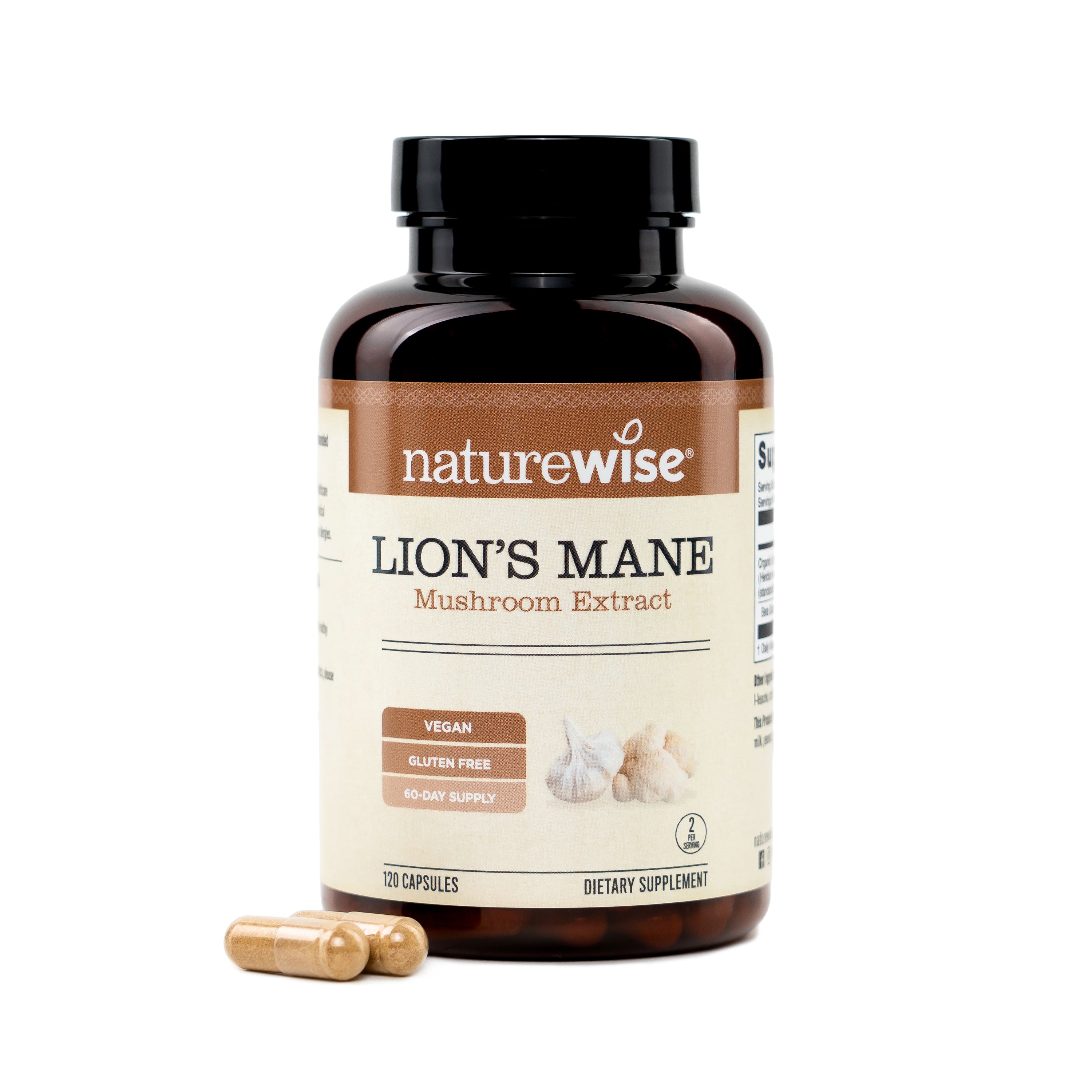 NatureWise Lion's Mane Mushroom Extract supplement bottle on a white background