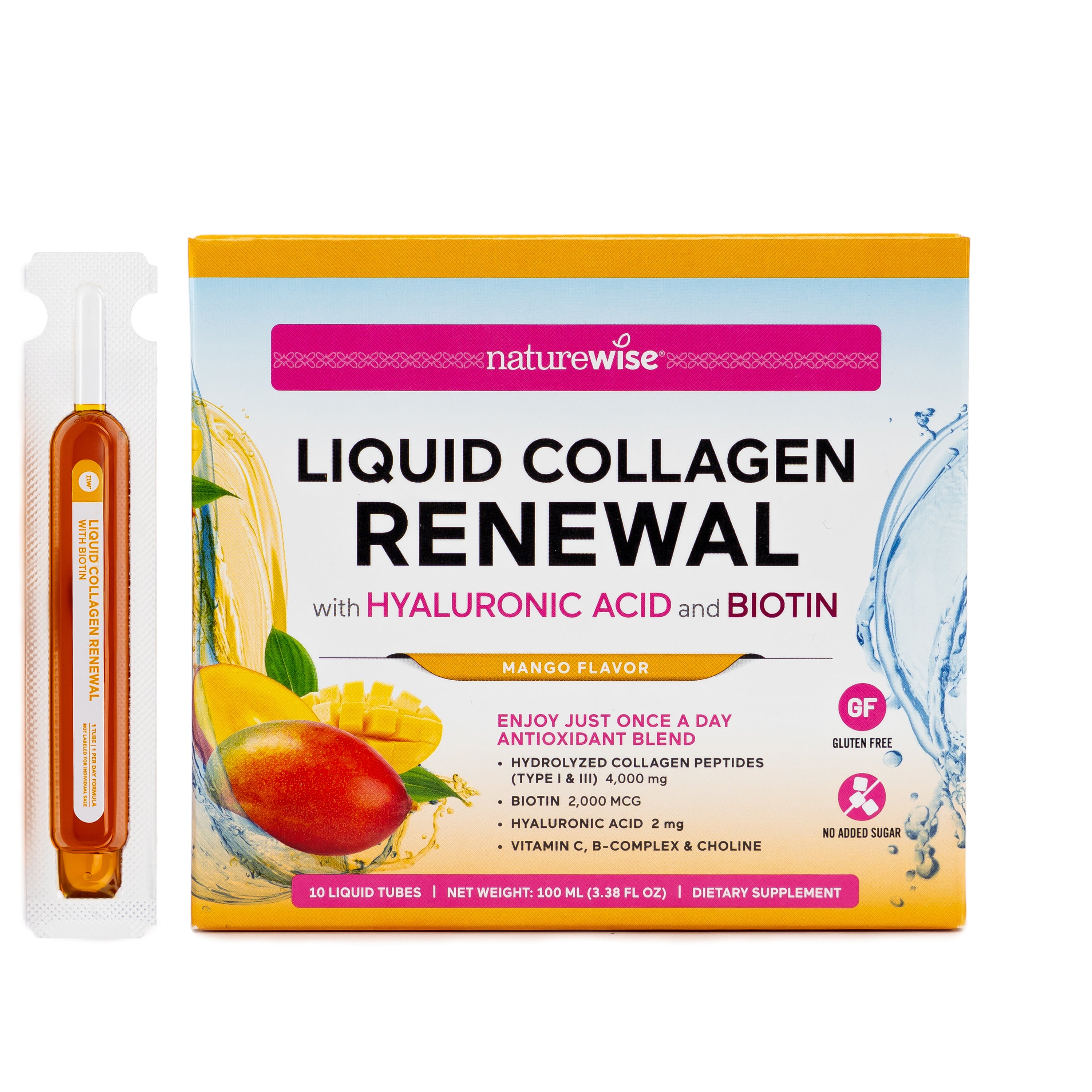 NatureWise Liquid Collagen For women Mango liquid collagen tubes next to a box.
