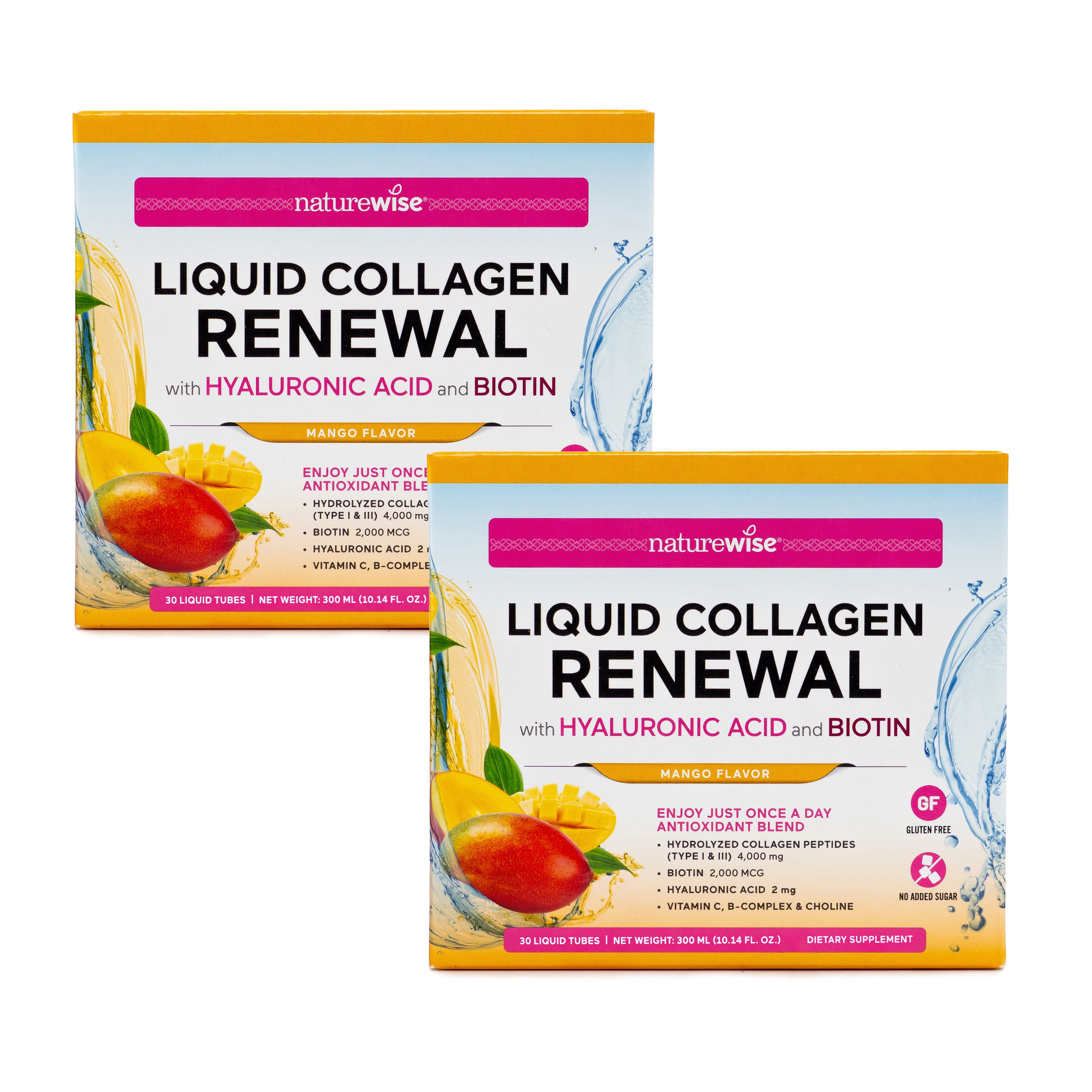 Two boxes of naturewise Liquid Collagen for women mango flavor 2 pack with Hyaluronic Acid and Biotin on a white background.