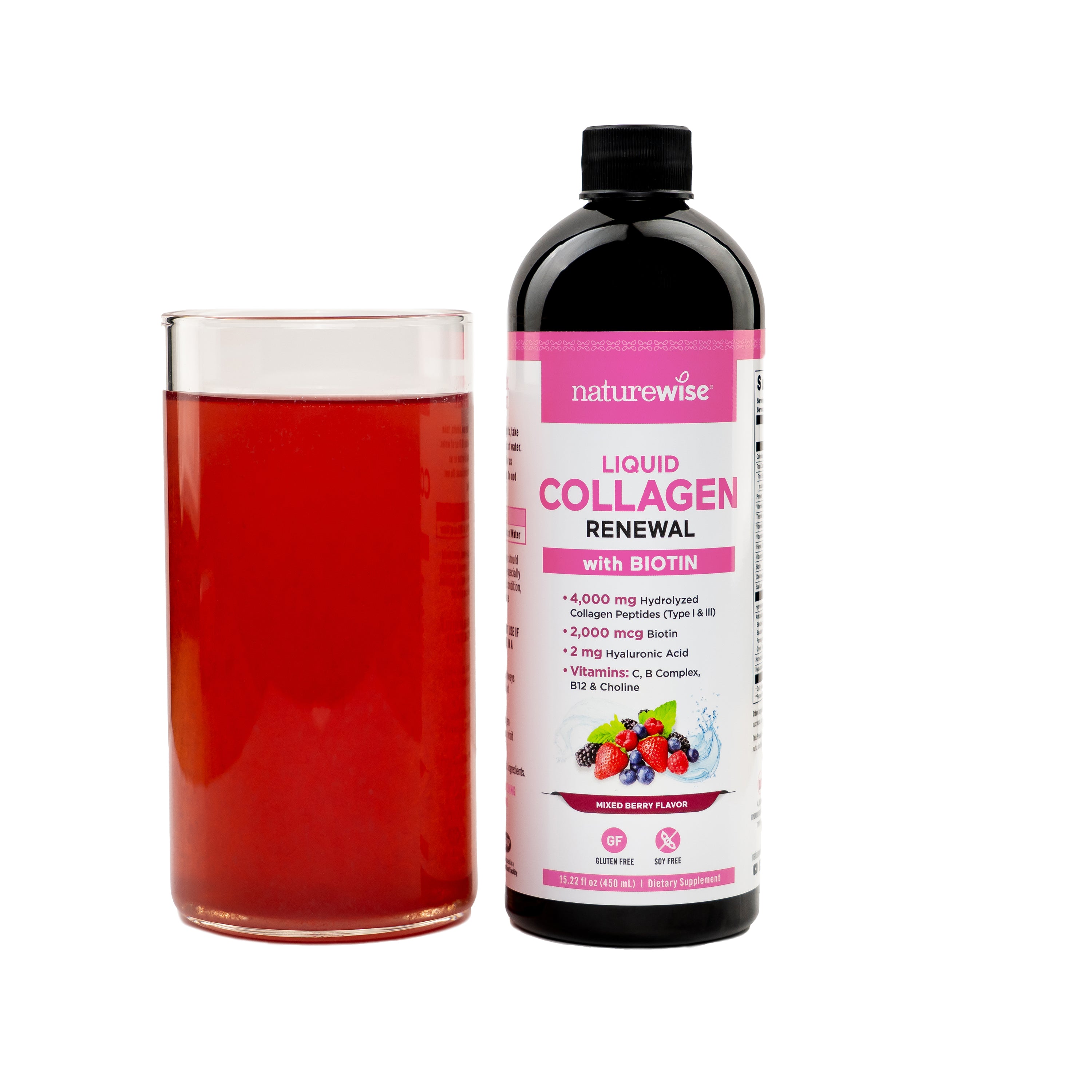 Naturewise Liquid Collagen supplement bottle with a glass of red liquid on a white background