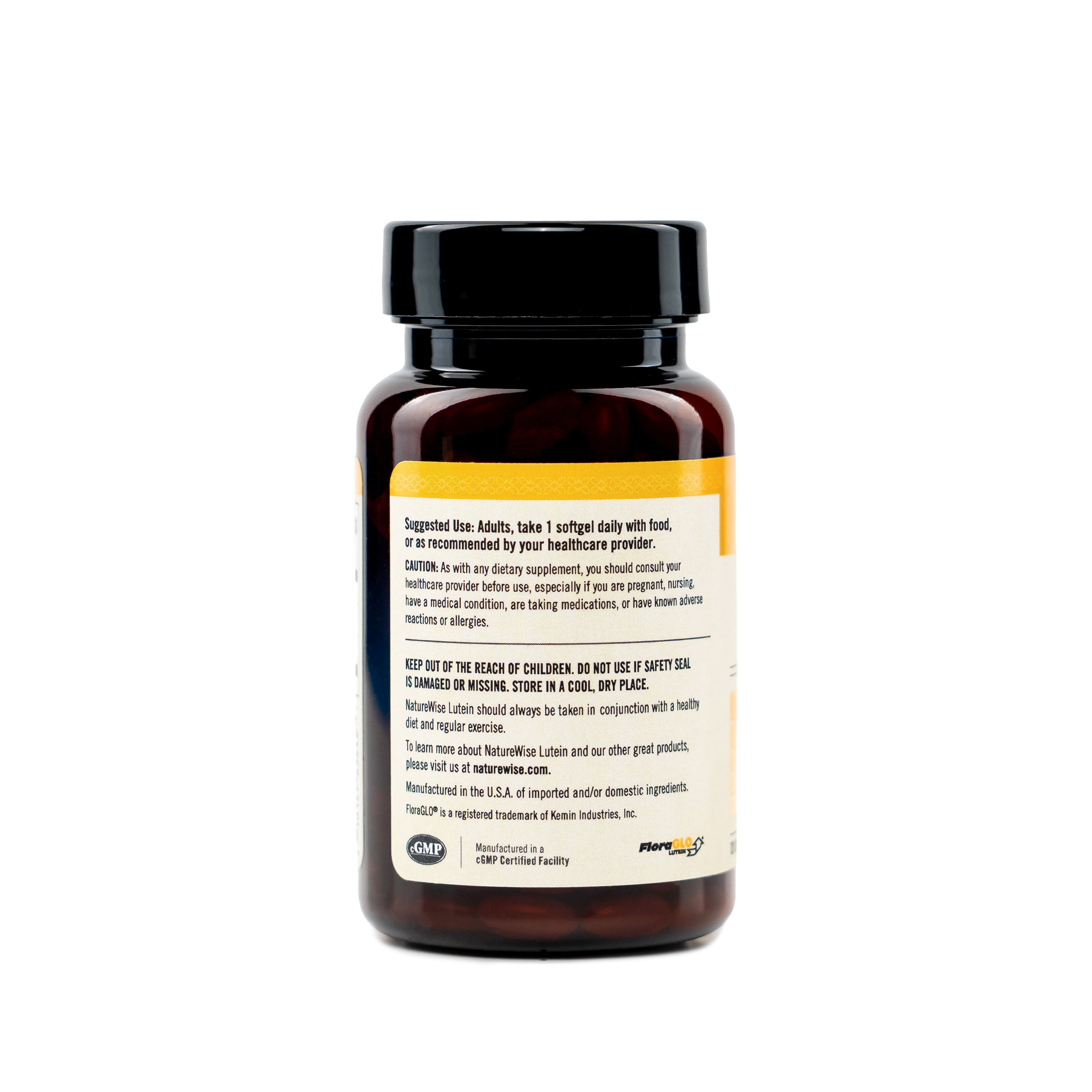 Naturewise Lutein with FloraGLO supplement bottle with suggested use instructions