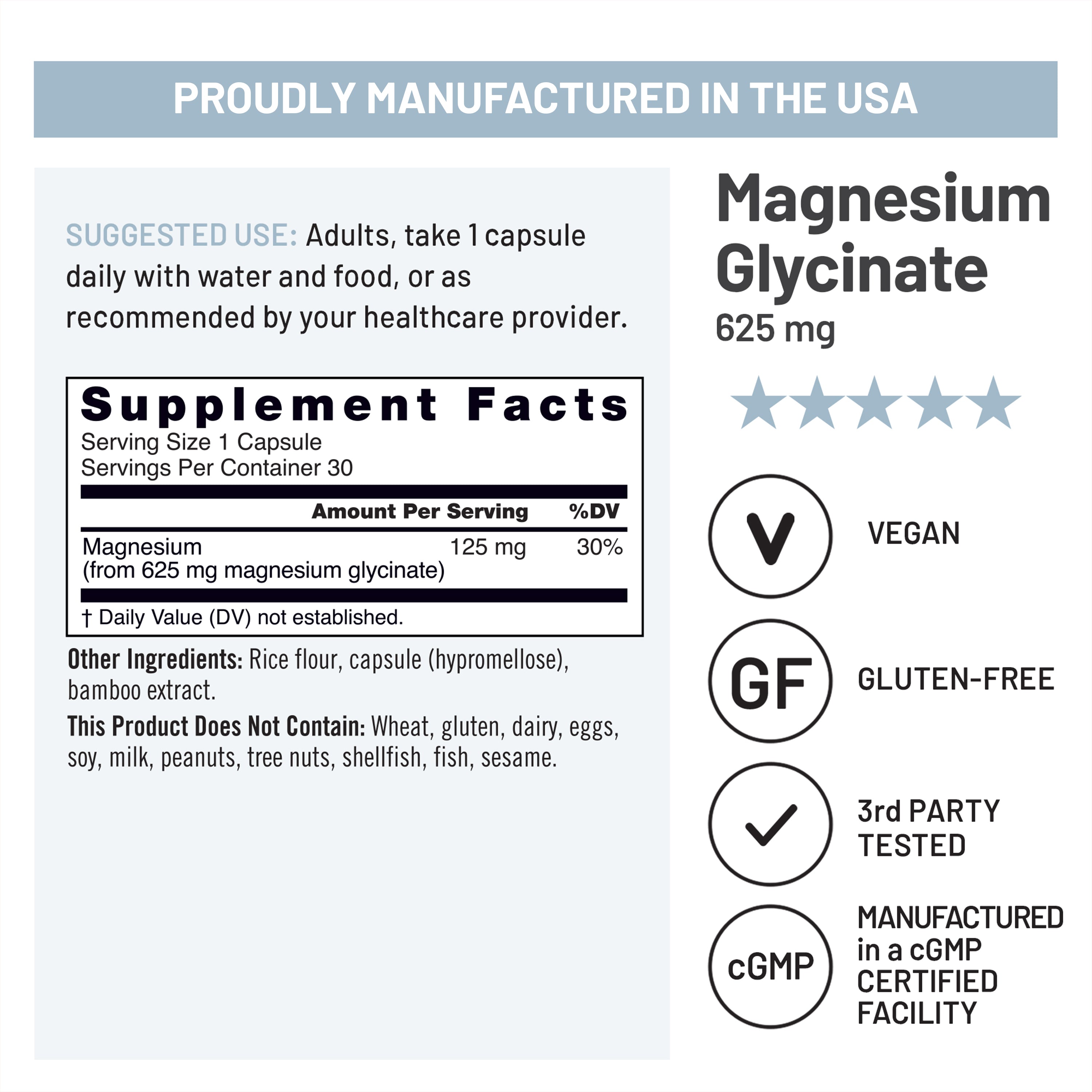Supplement label for Magnesium Glycinate with facts and details on a white background