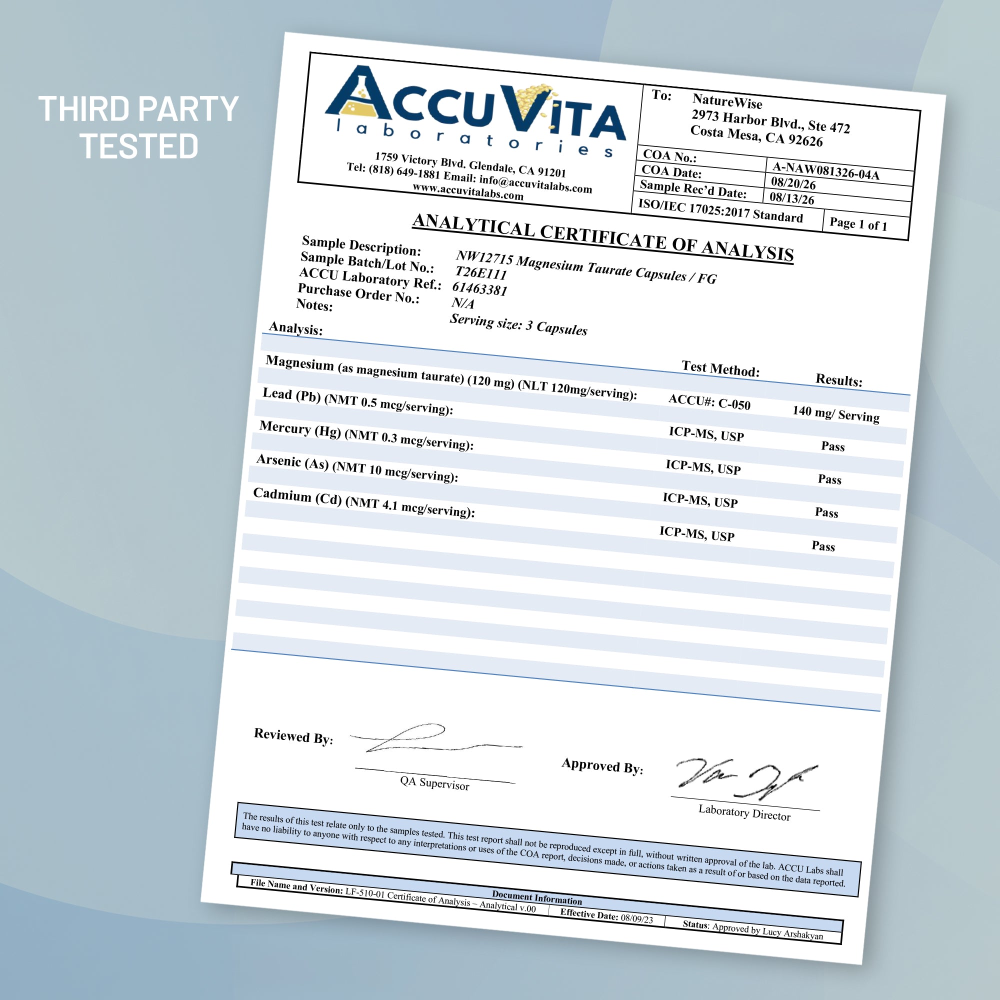 An AccuVita Laboratories Analytical Certificate of Analysis document shown at an angle on a light blue background, with a 'THIRD PARTY TESTED' badge in the top left corner.